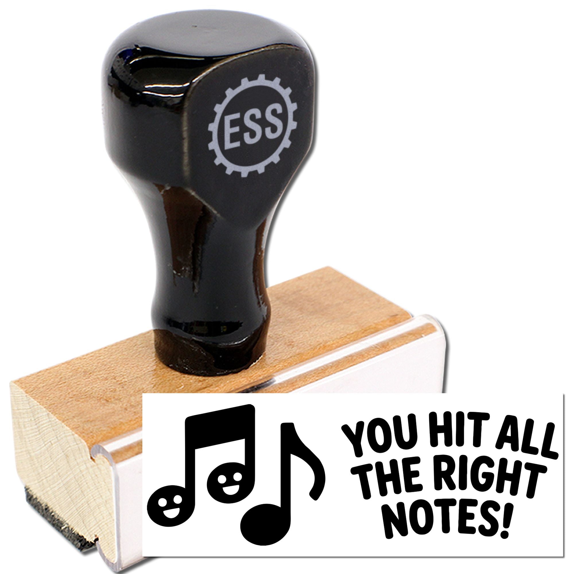 Black rubber stamp and wooden seal with ESS logo, music notes, and You hit all the right notes! text.