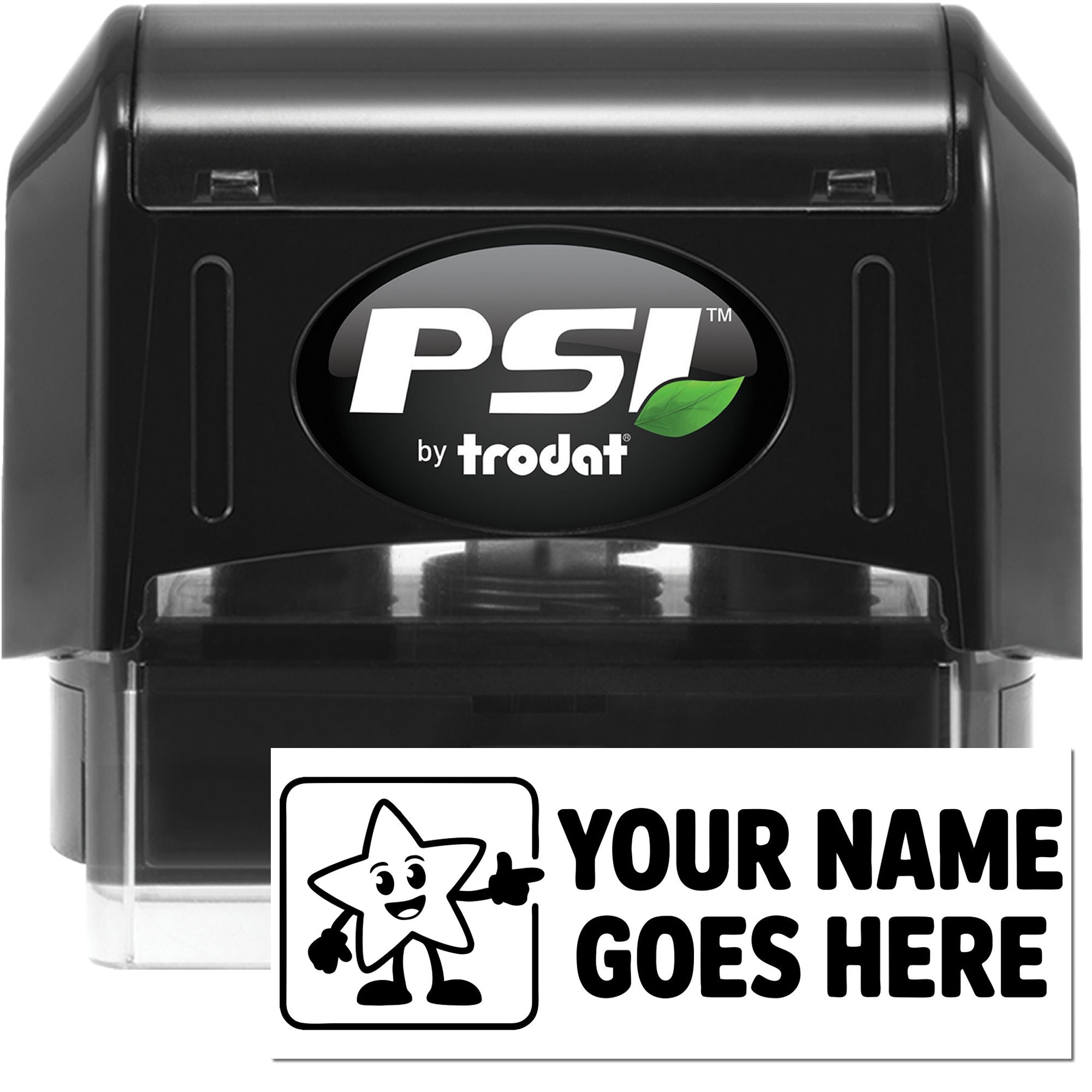 Black PSI by Trodat self-inking stamp and custom name seal with white label, cartoon star, and bold black text.