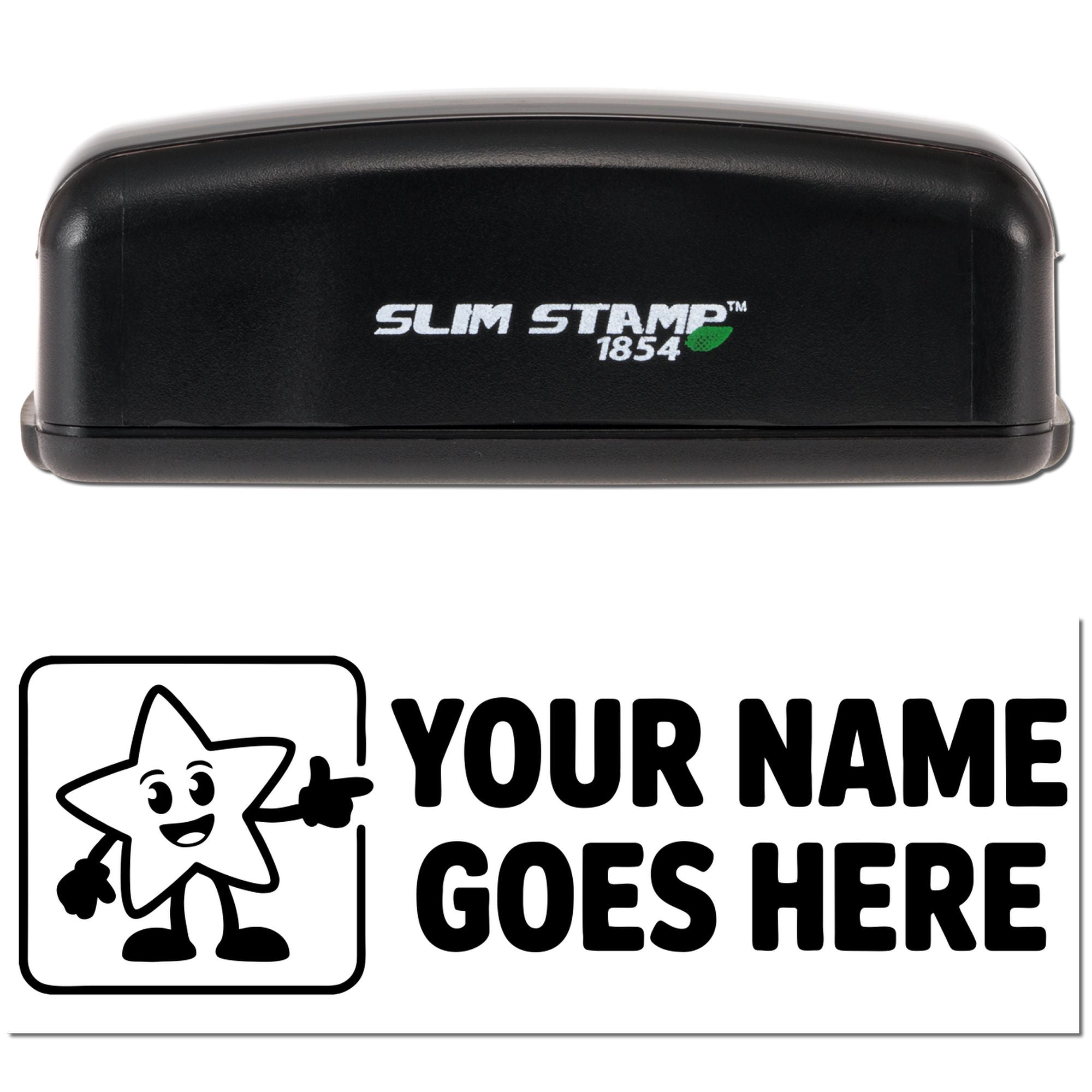 Black Slim Stamp 1854 self-inking stamp with custom seal design, featuring a cartoon star and bold YOUR NAME GOES HERE text.