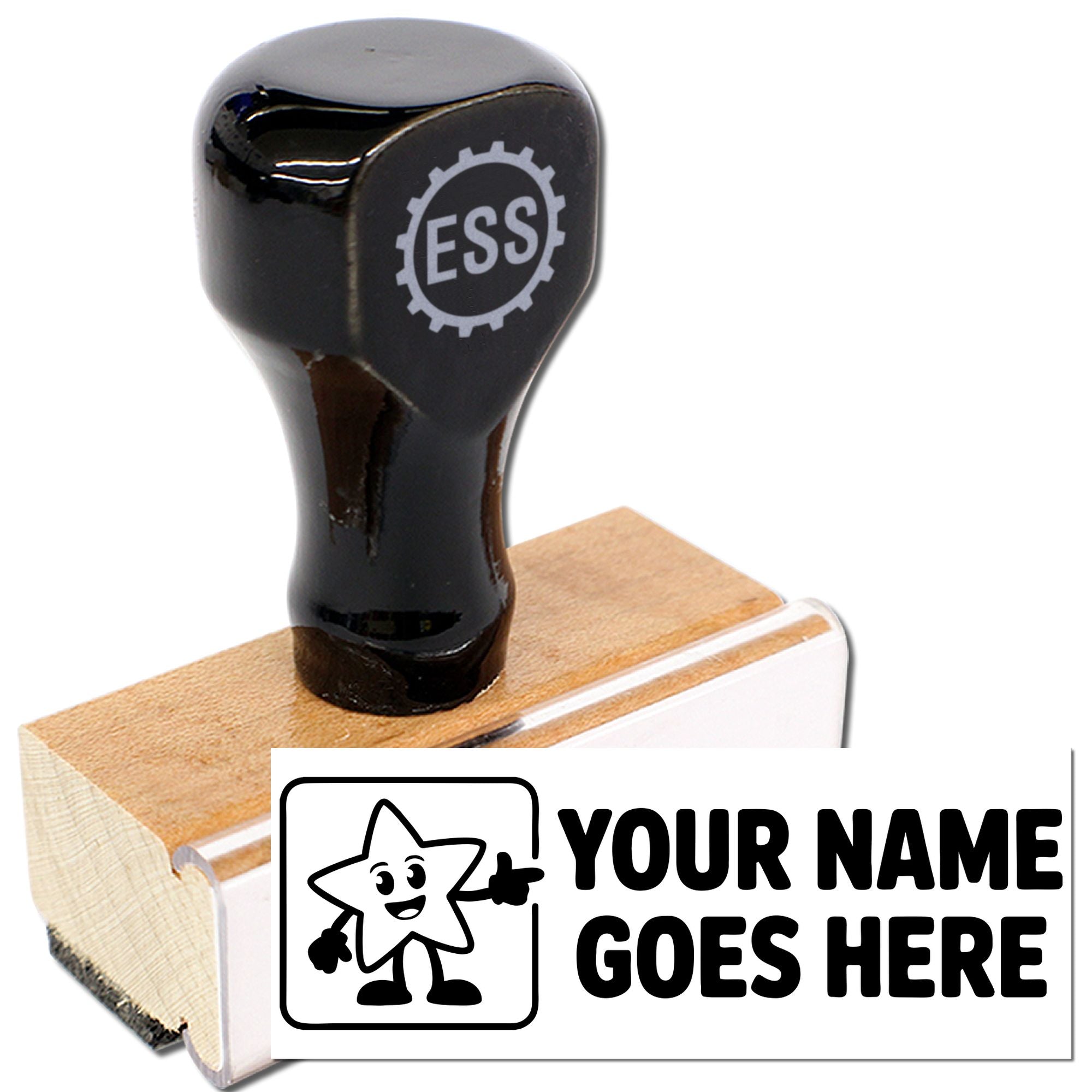Glossy black custom seal stamp on a wooden base, with ESS logo and personalized name design.