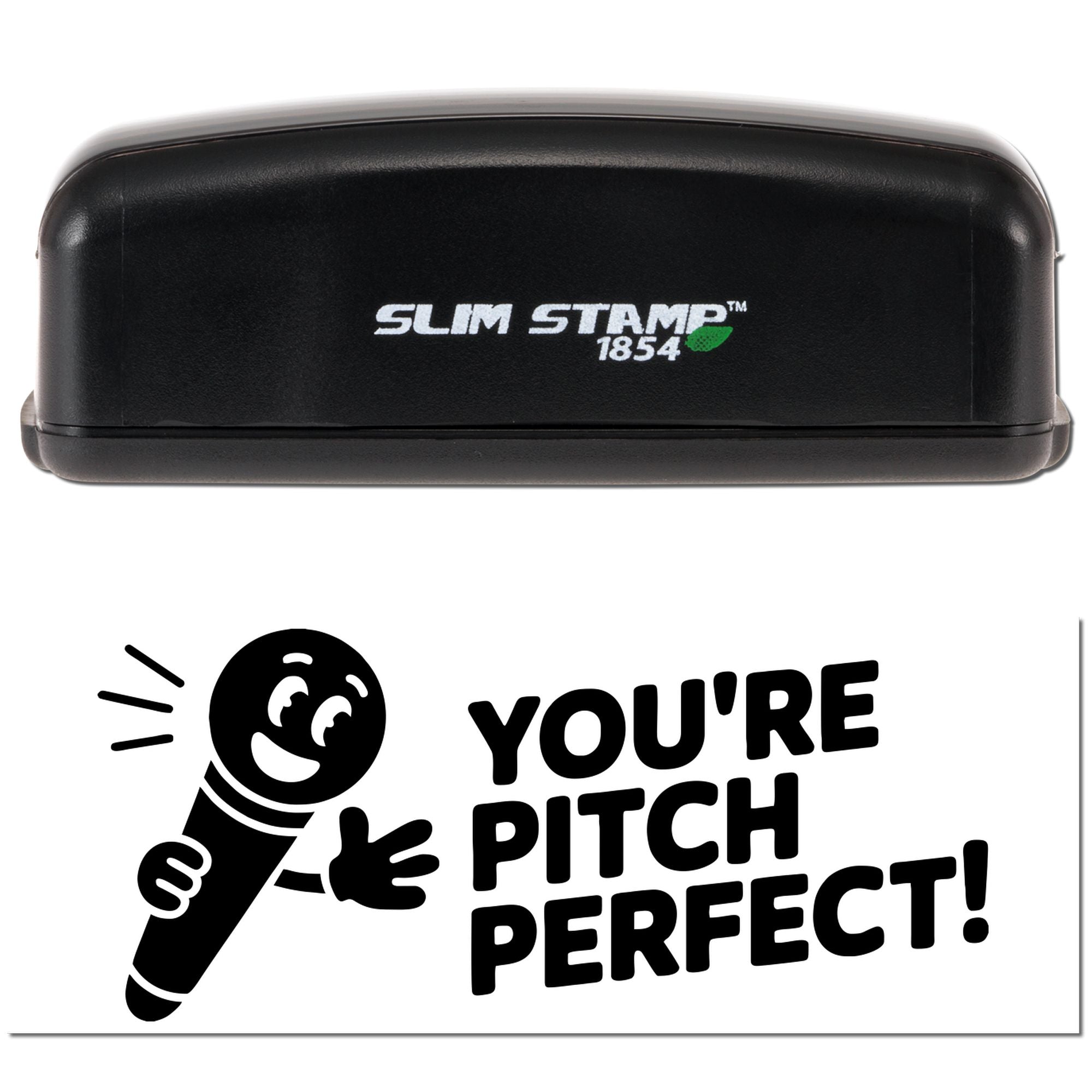 Black self-inking Slim Stamp 1854 with green logo and bold black Youre Pitch Perfect! stamp impression.