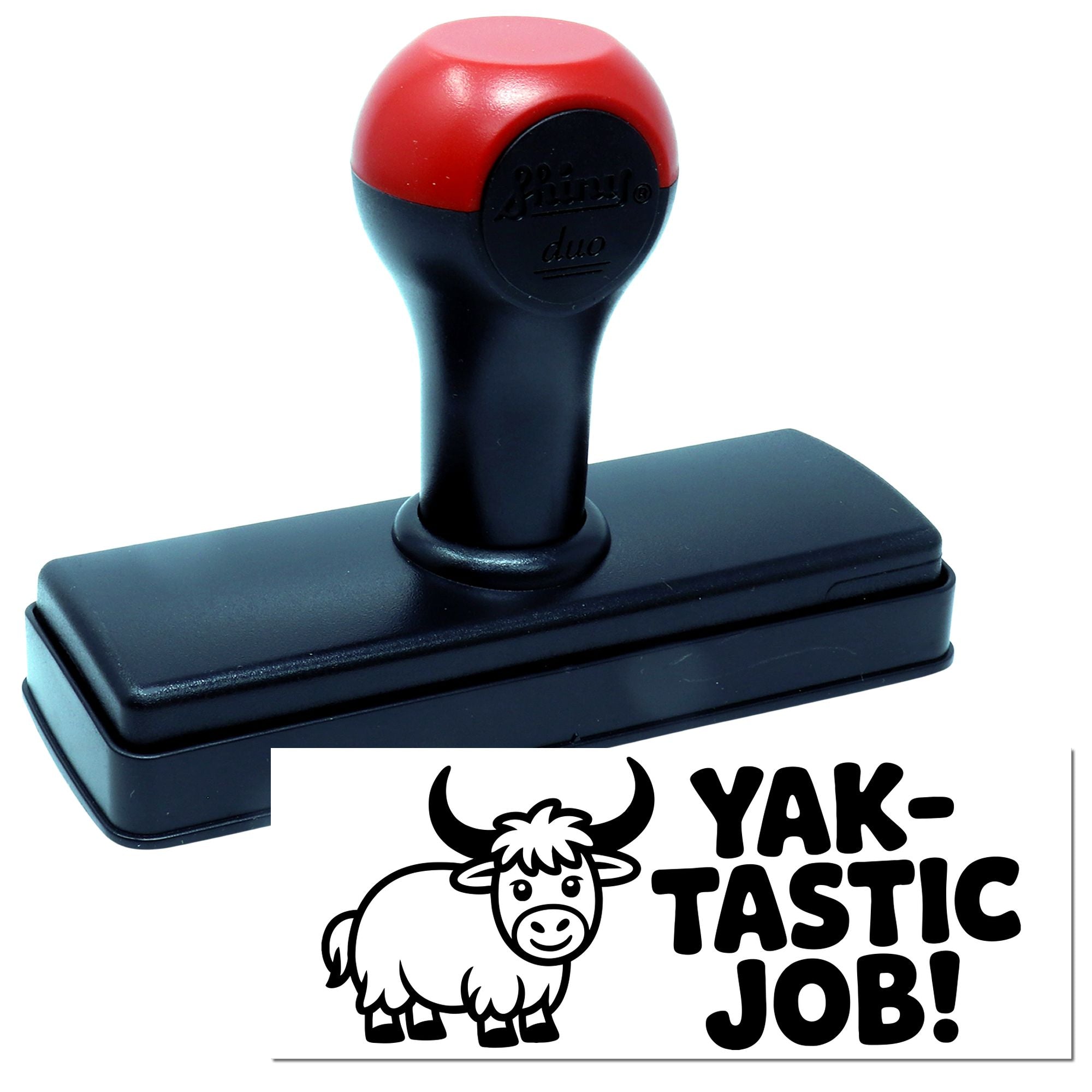 Red and black self-inking stamp and seal set with cow logo and bold YAK-TASTIC JOB! text on white.