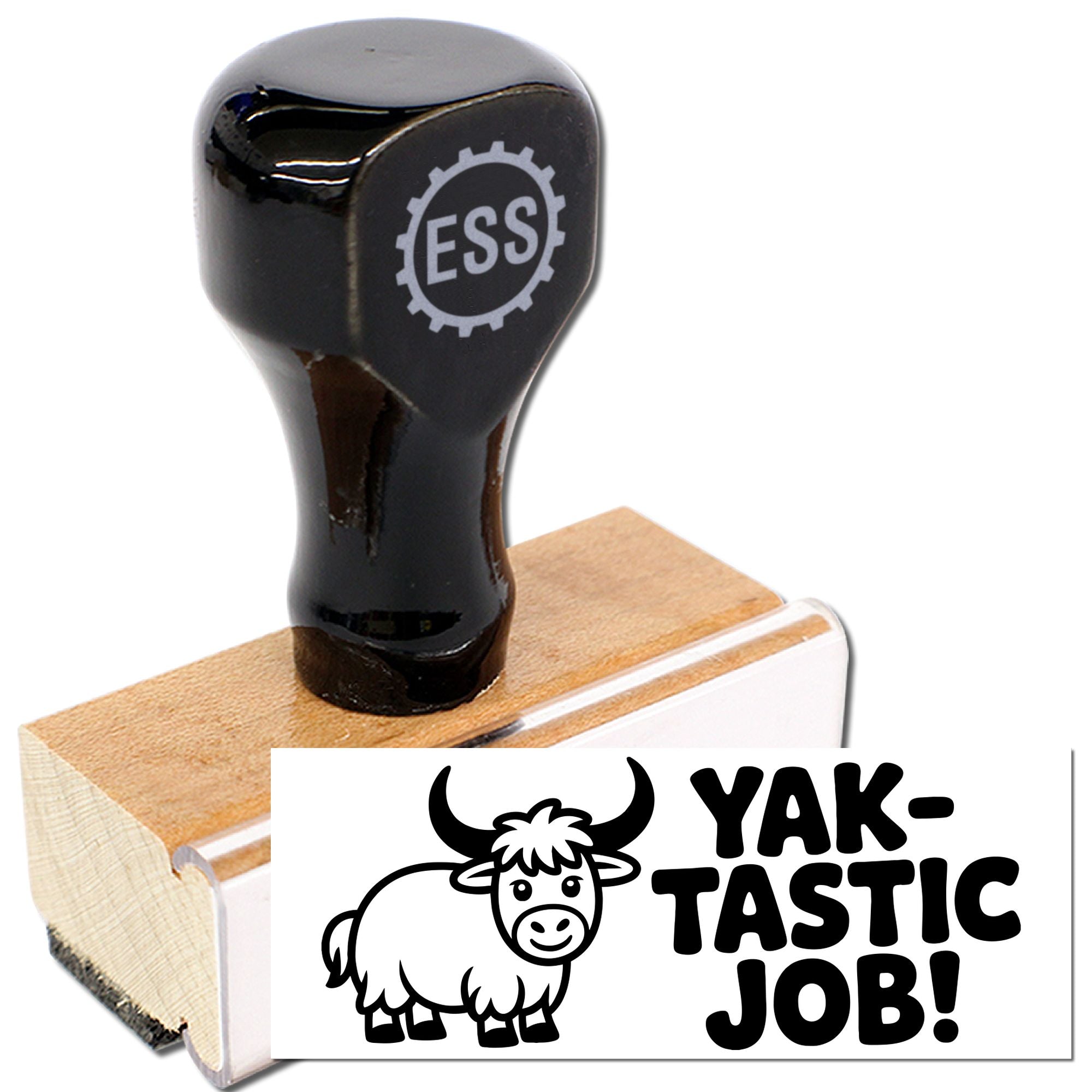 Black custom rubber stamp and seal with ESS logo, wooden handle, and YAK-TASTIC JOB! yak design.