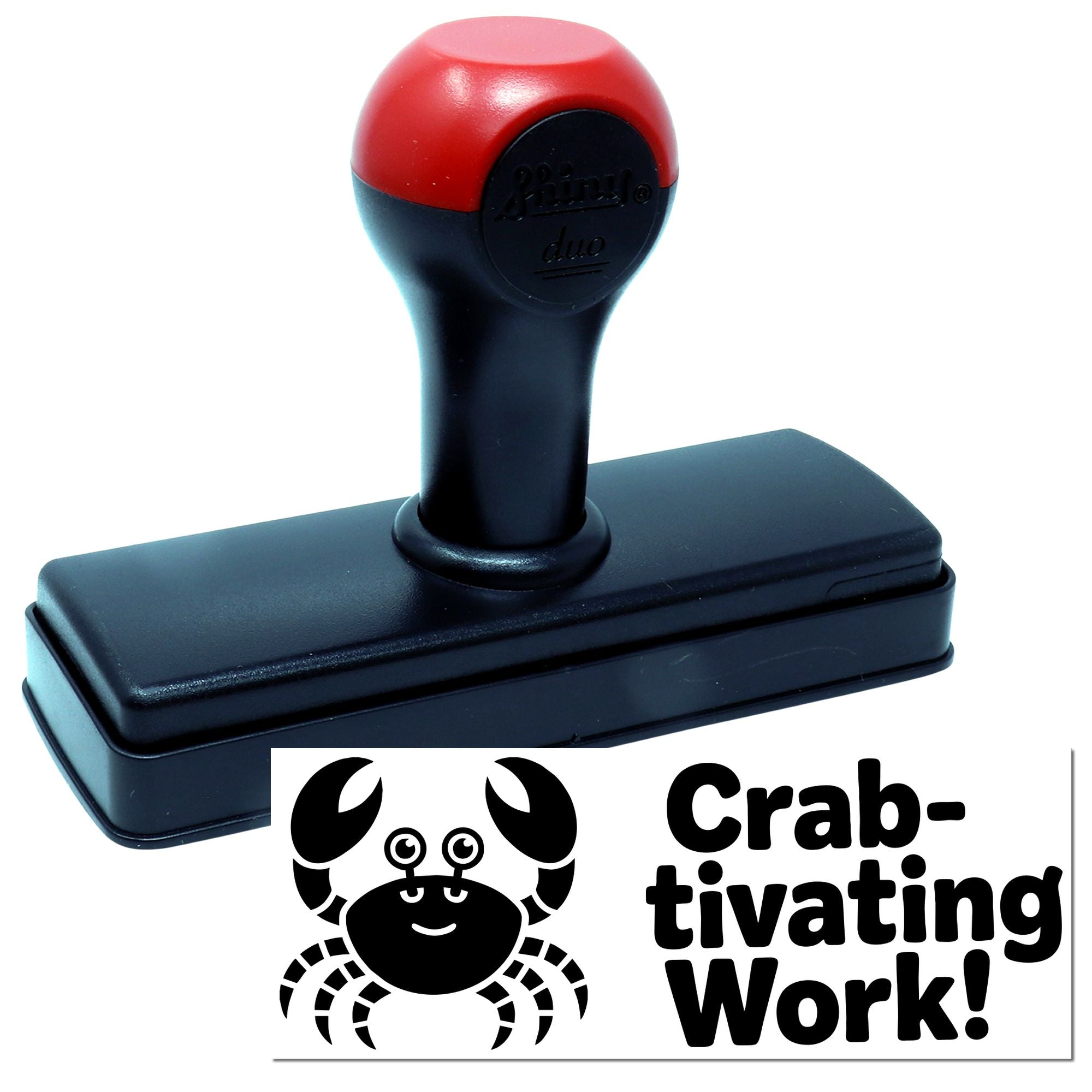 Red-and-black self-inking stamp and seal with crab graphic and Crab-tivating Work! text.