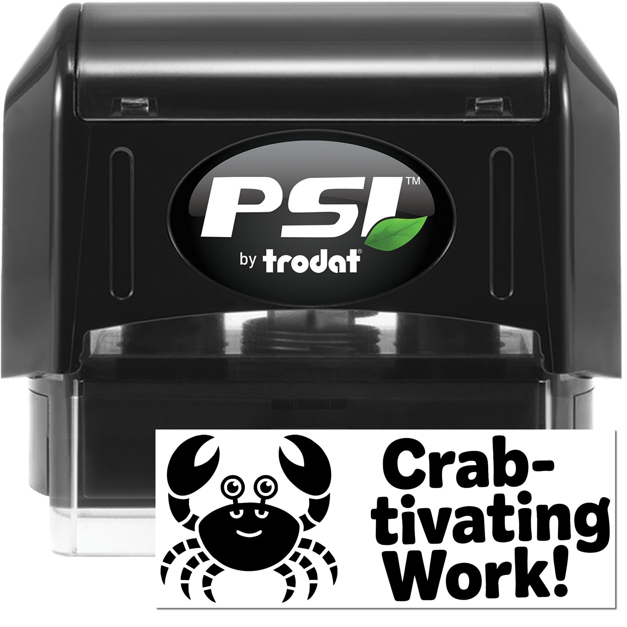 Black PSI by Trodat self-inking stamp and seal in black, with crab logo and Crab-tivating Work! imprint.