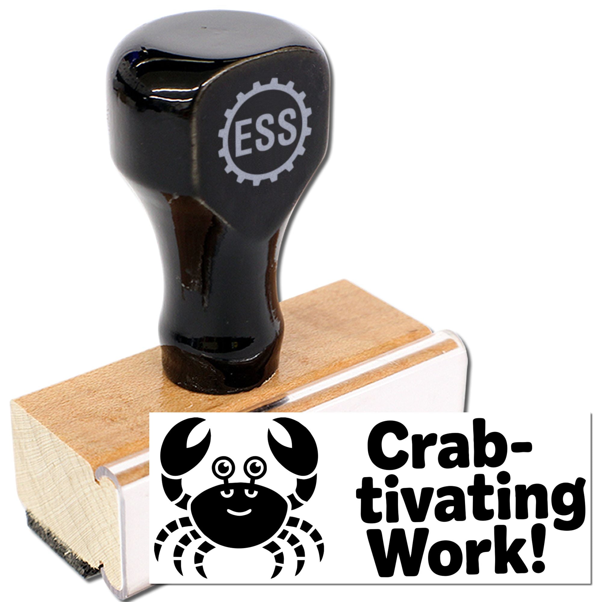 Black custom rubber stamp on wood block with crab logo and Crab-tivating Work! text
