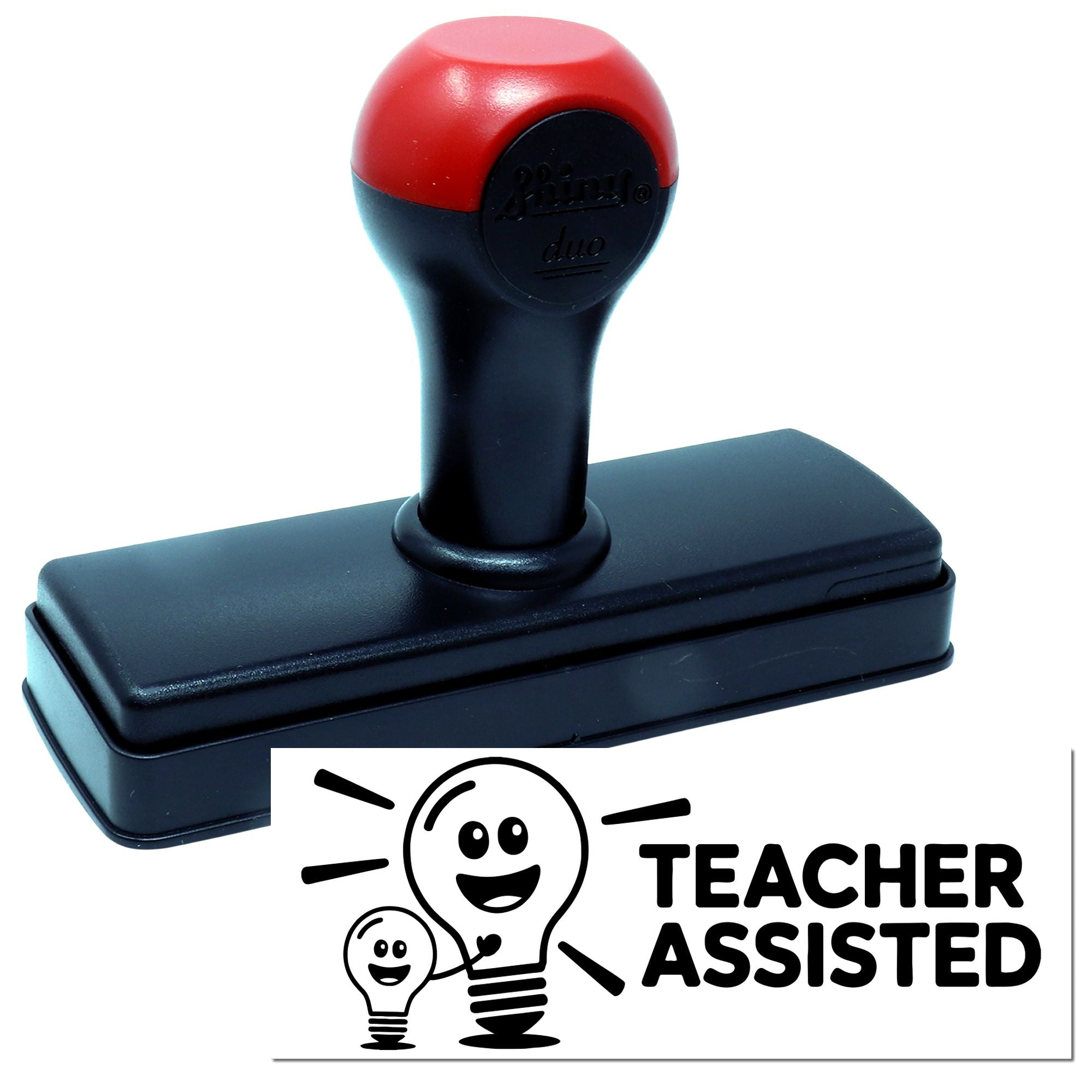 Red and black self-inking rubber stamp with custom Teacher Assisted seal on a white background.