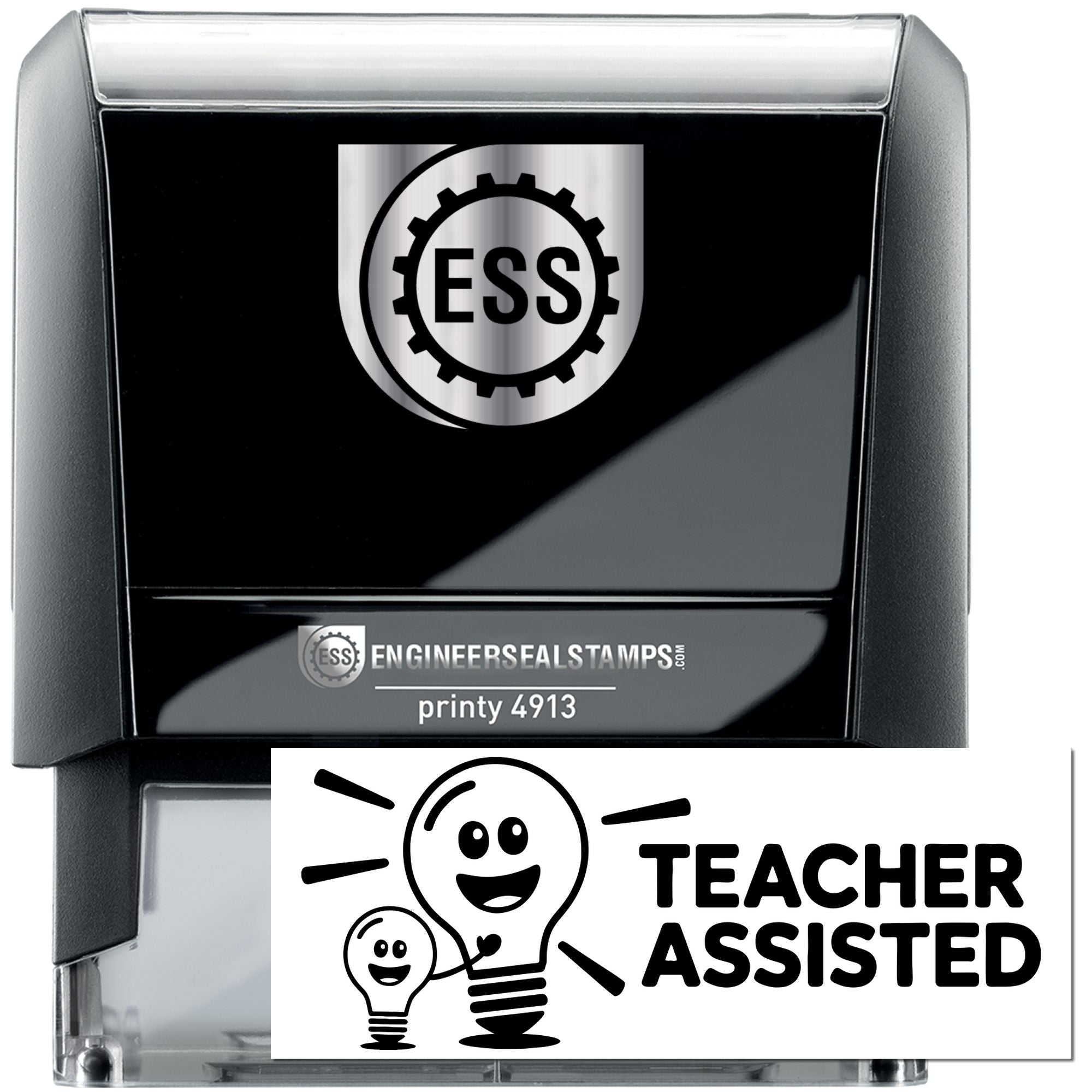 Black self-inking stamp and seal products with ESS gear logo, silver accents, and a bold Teacher Assisted design on white background.