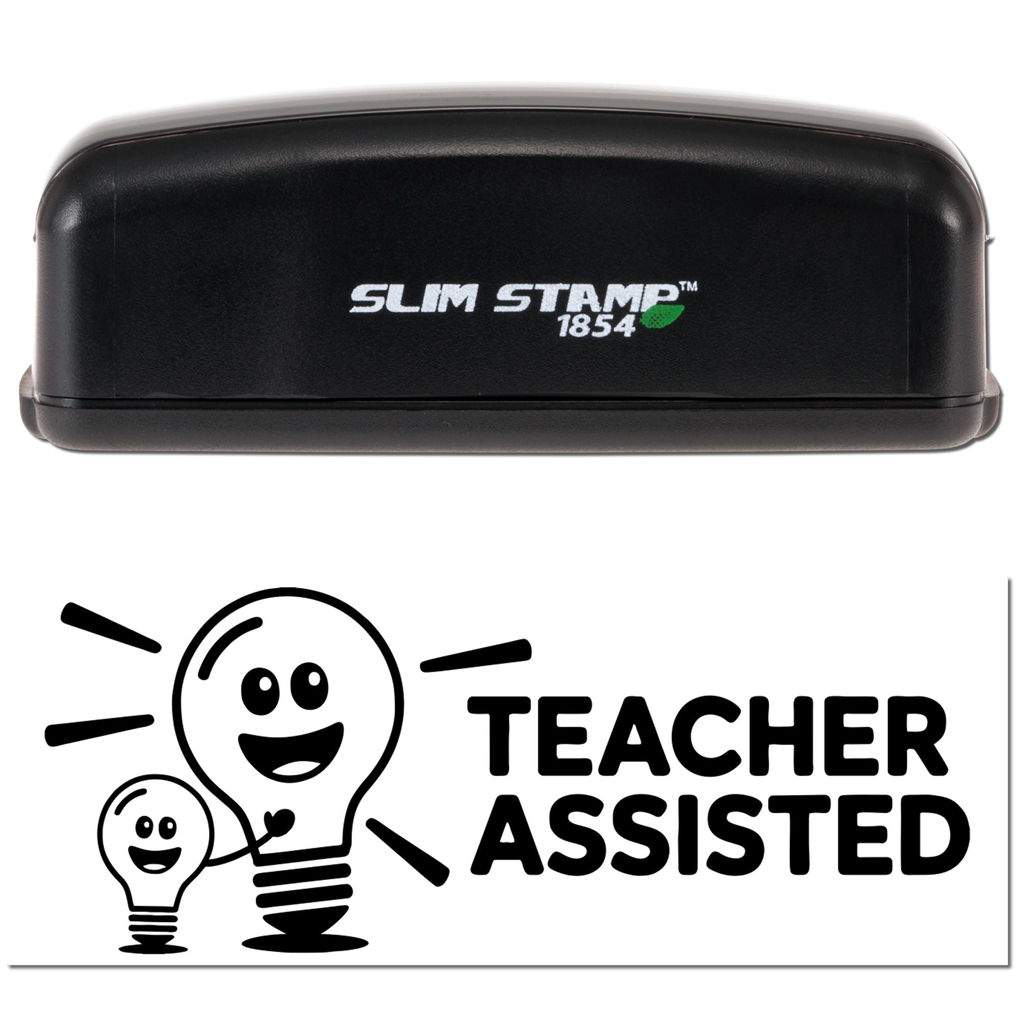 Black Slim Stamp 1854 self-inking teacher assisted stamp with white lettering and smiling light bulb icons.