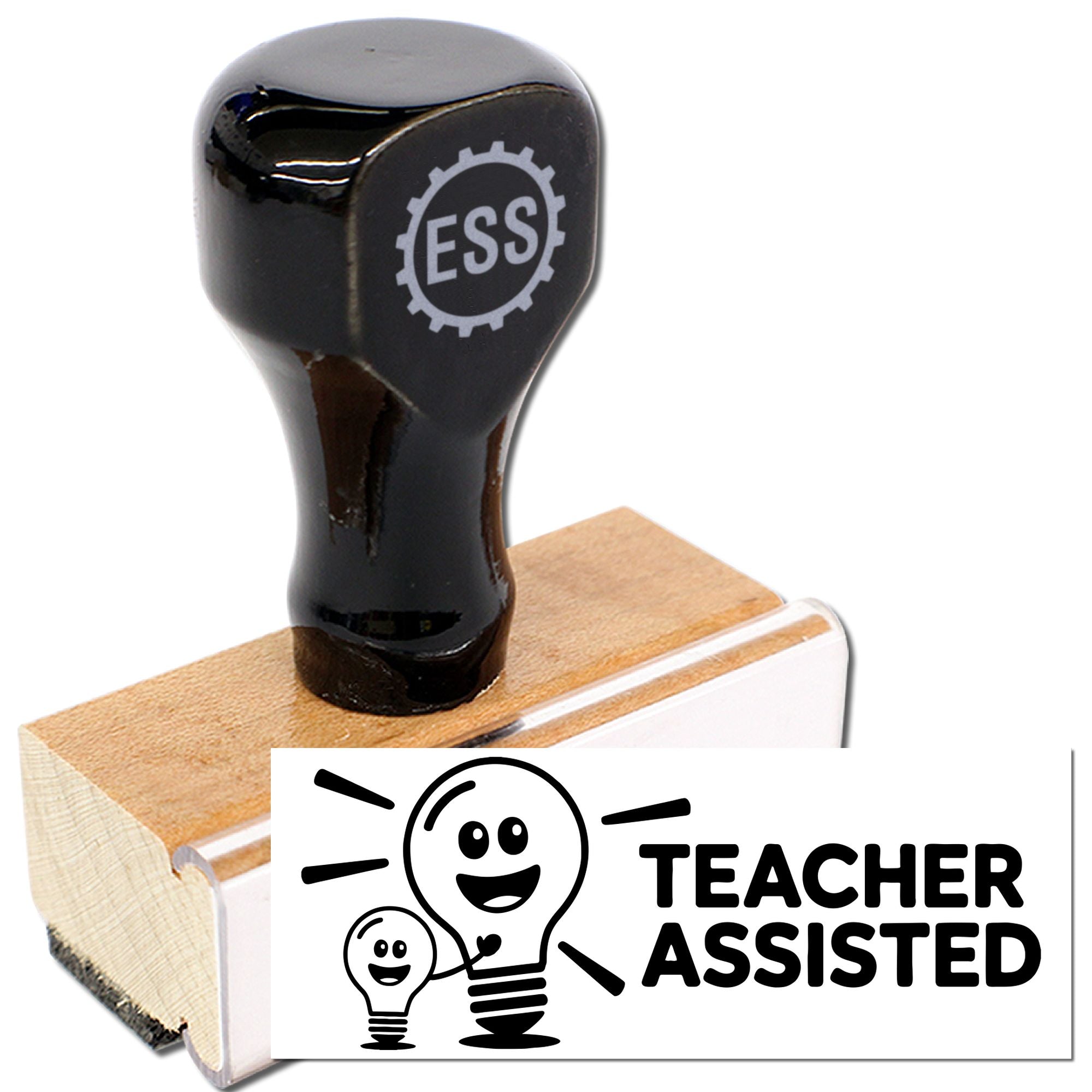 Black rubber teacher stamp with wooden base, ESS gear logo, and white Teacher Assisted seal graphic.