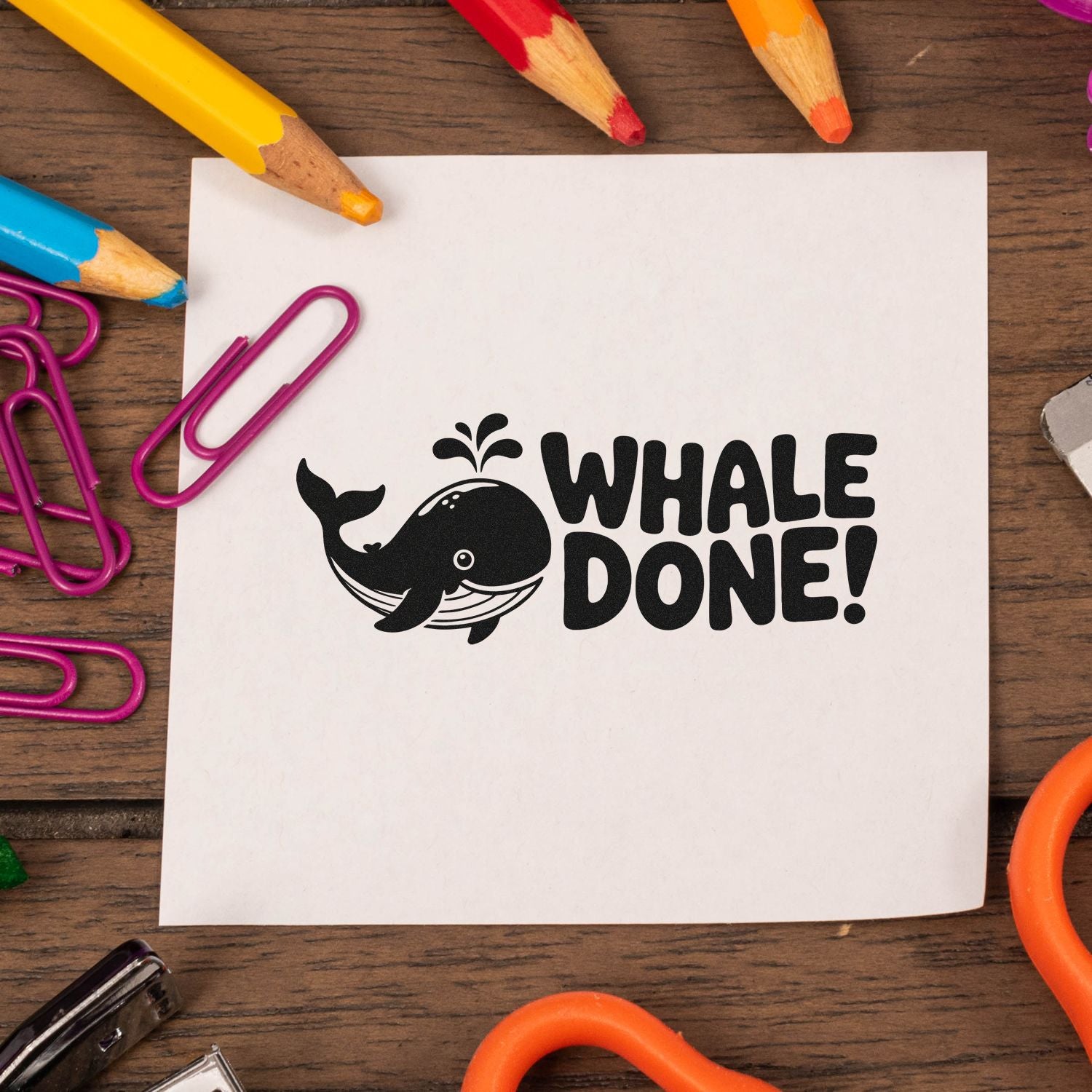 Black whale stamp and seal reading Whale Done! on white paper, with colorful pencils and purple paper clips.
