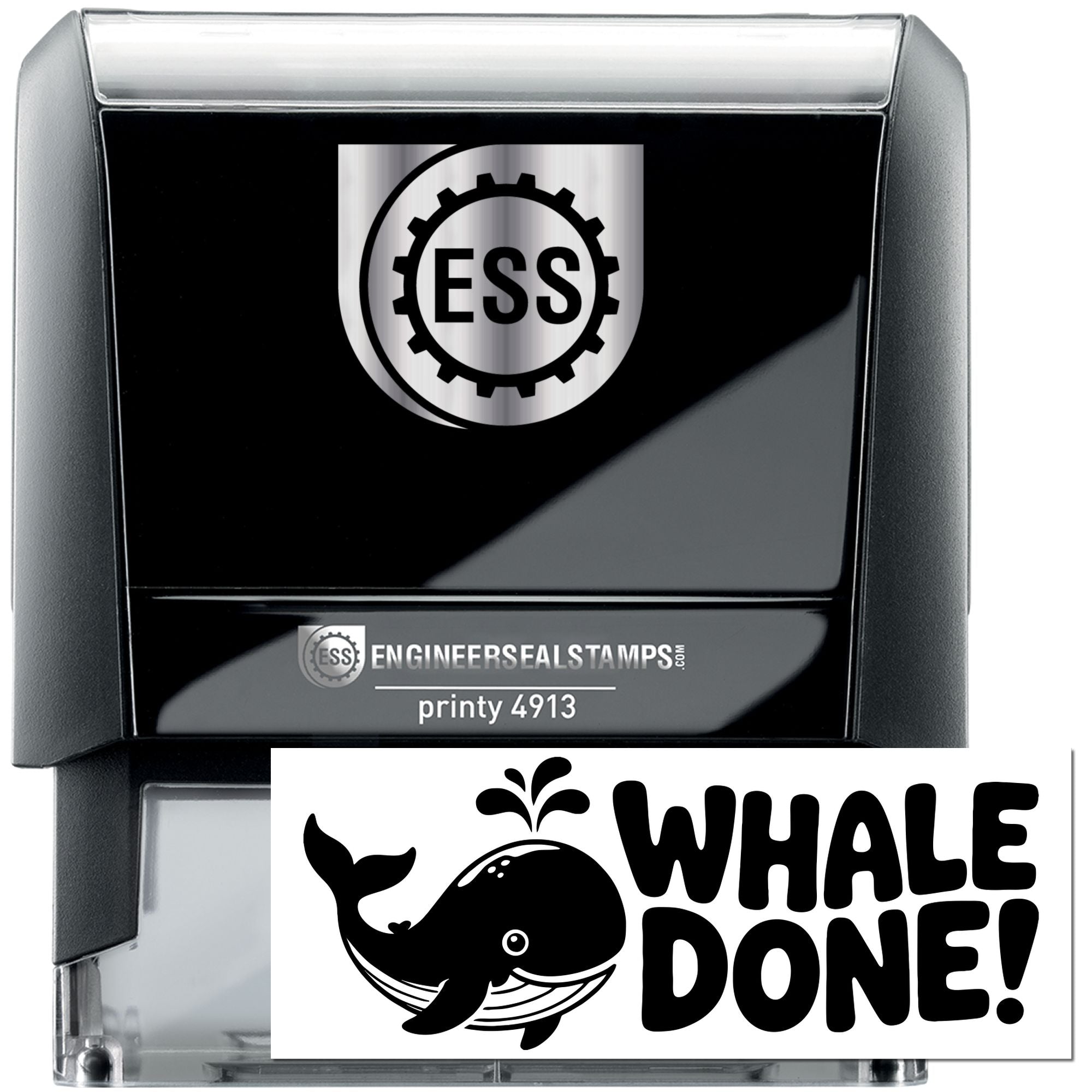 Black self-inking stamp and seal products with silver accents, ESS logo, and a whale DONE! design.