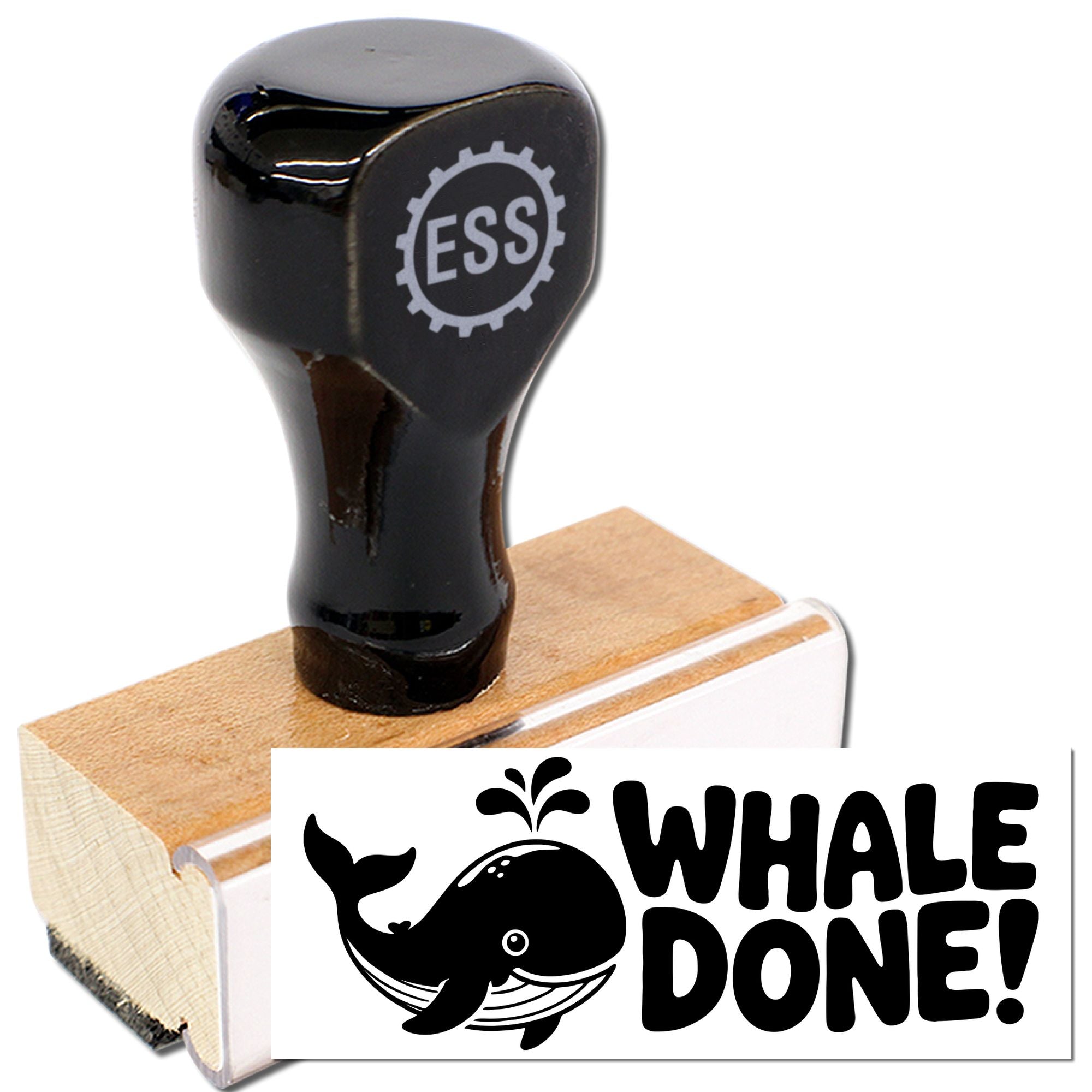 Black rubber stamp and wooden seal block with whale graphic and WHALE DONE! seal impression.