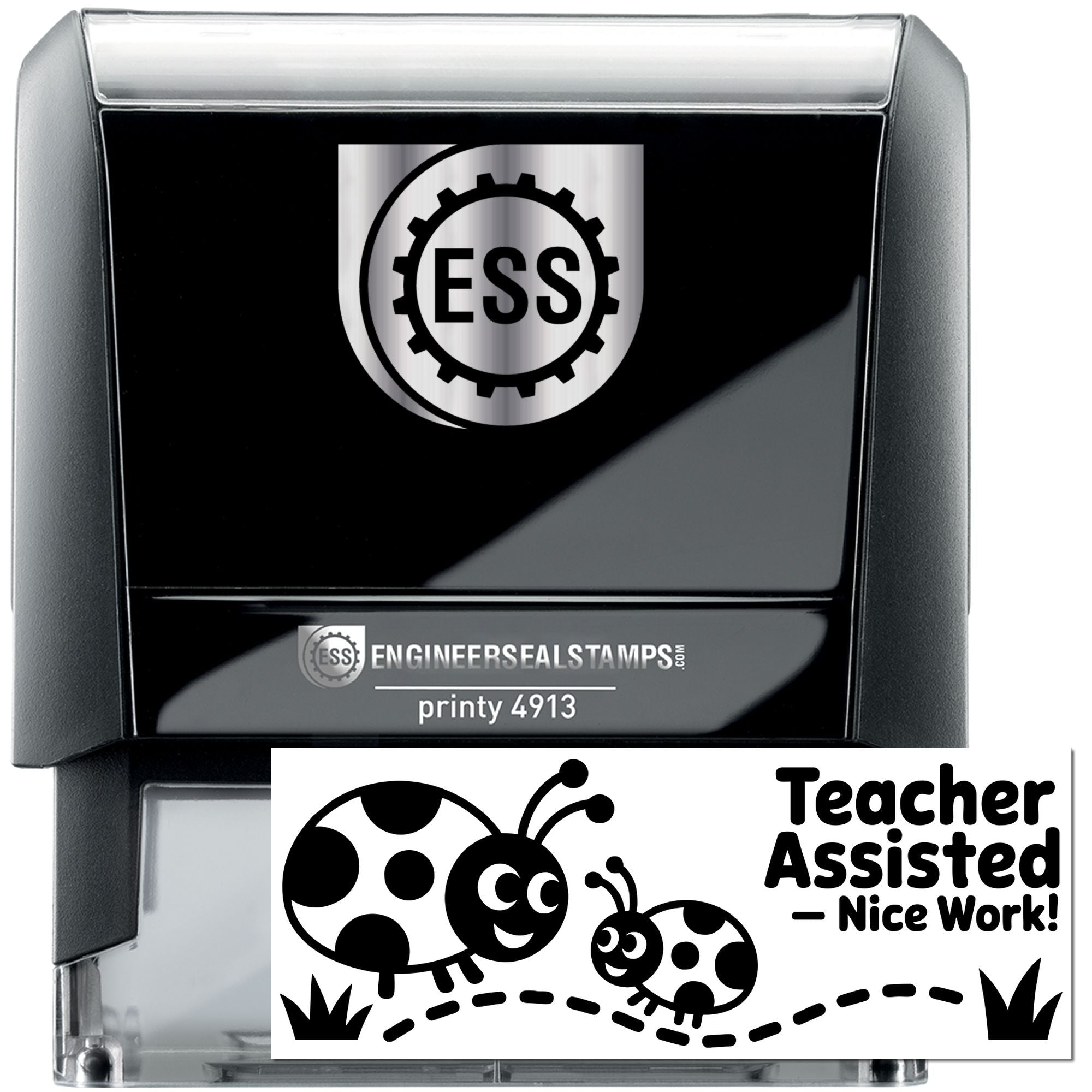 Black self-inking ESS stamp and seal with silver top and teacher-assisted bee design, reading Nice Work!
