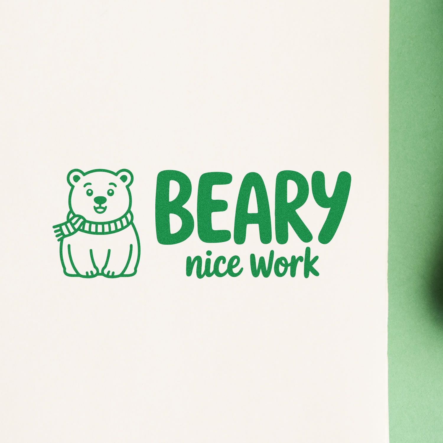 Green bear stamp seal with scarf and BEARY nice work in bold green on cream paper with green edge.