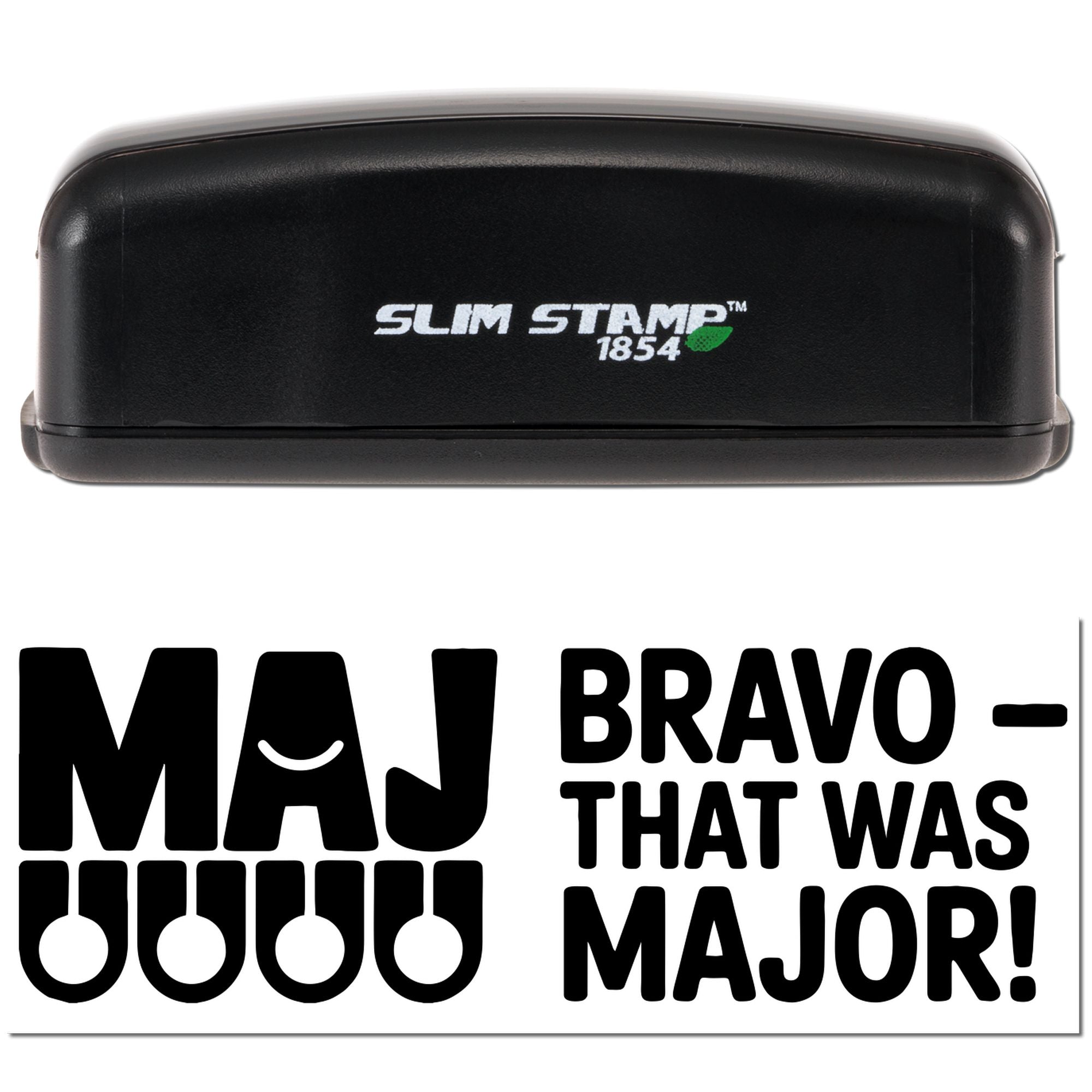 Black Slim Stamp 1854 self-inking stamp and seal, black case with white logo, green leaf accent, on white background.