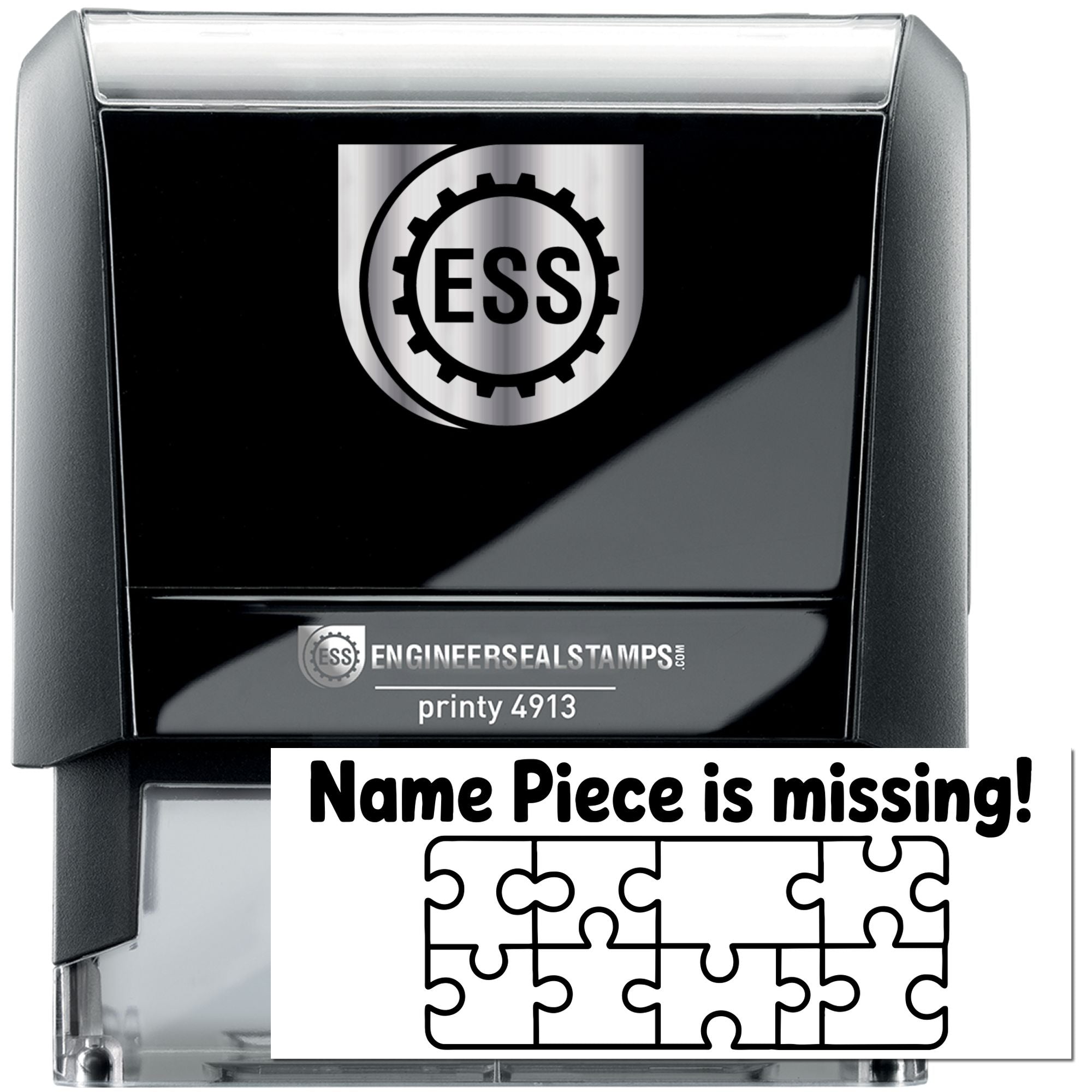 Black and gray self-inking engineer seal stamp with ESS logo and missing name-piece warning, clear plastic case