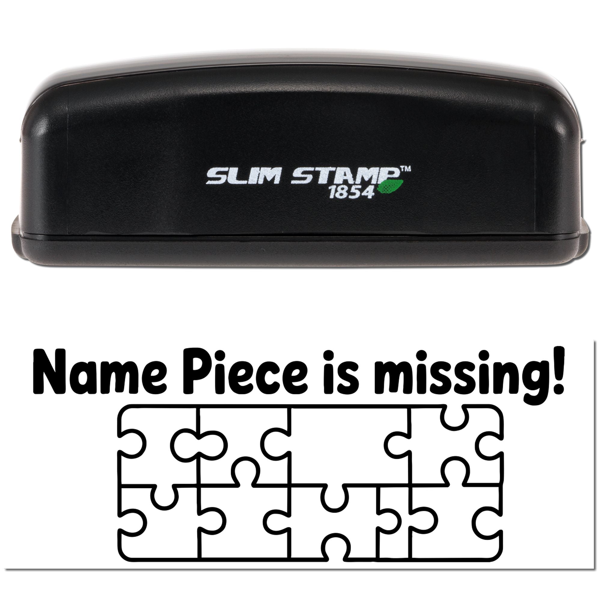Black Slim Stamp 1854 self-inking seal with white logo, green leaf accent, and puzzle graphic reading Name Piece is missing!