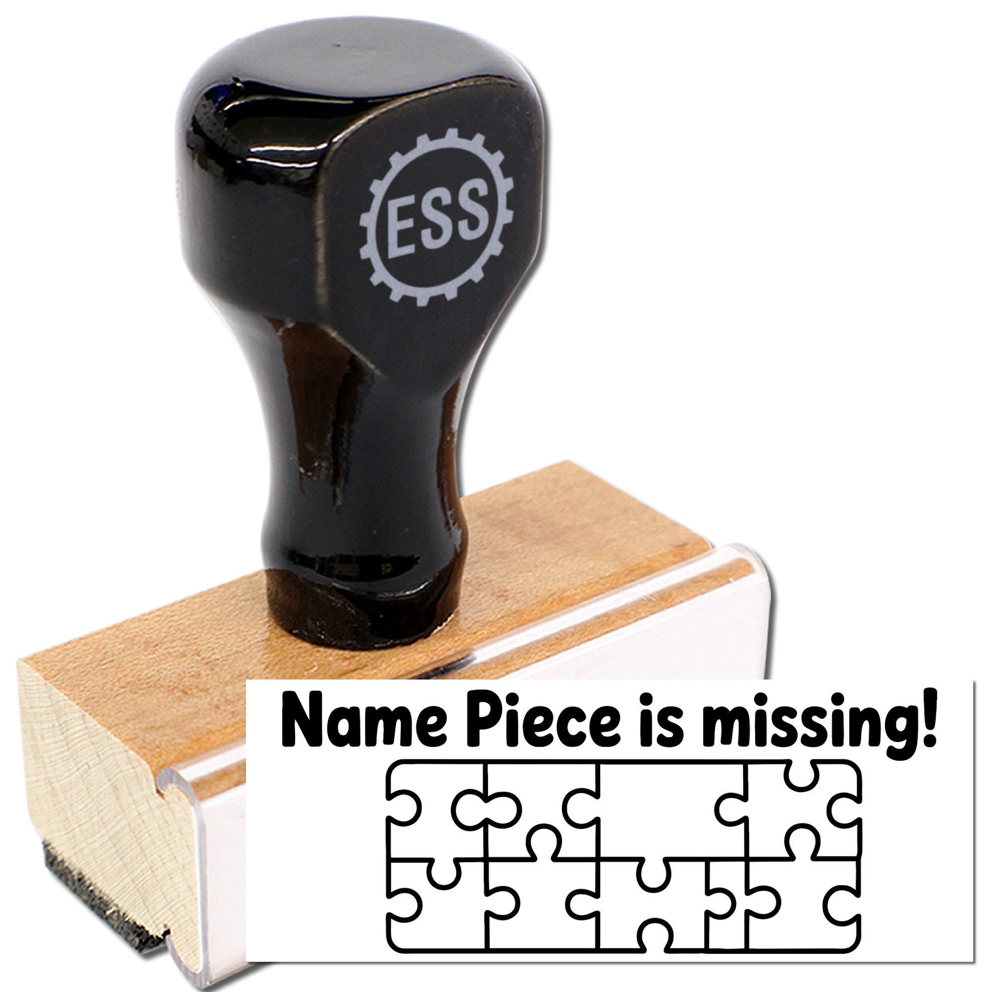 Black ESS self-inking stamp seal on a wooden handle, with a white name plate and puzzle-piece design text.