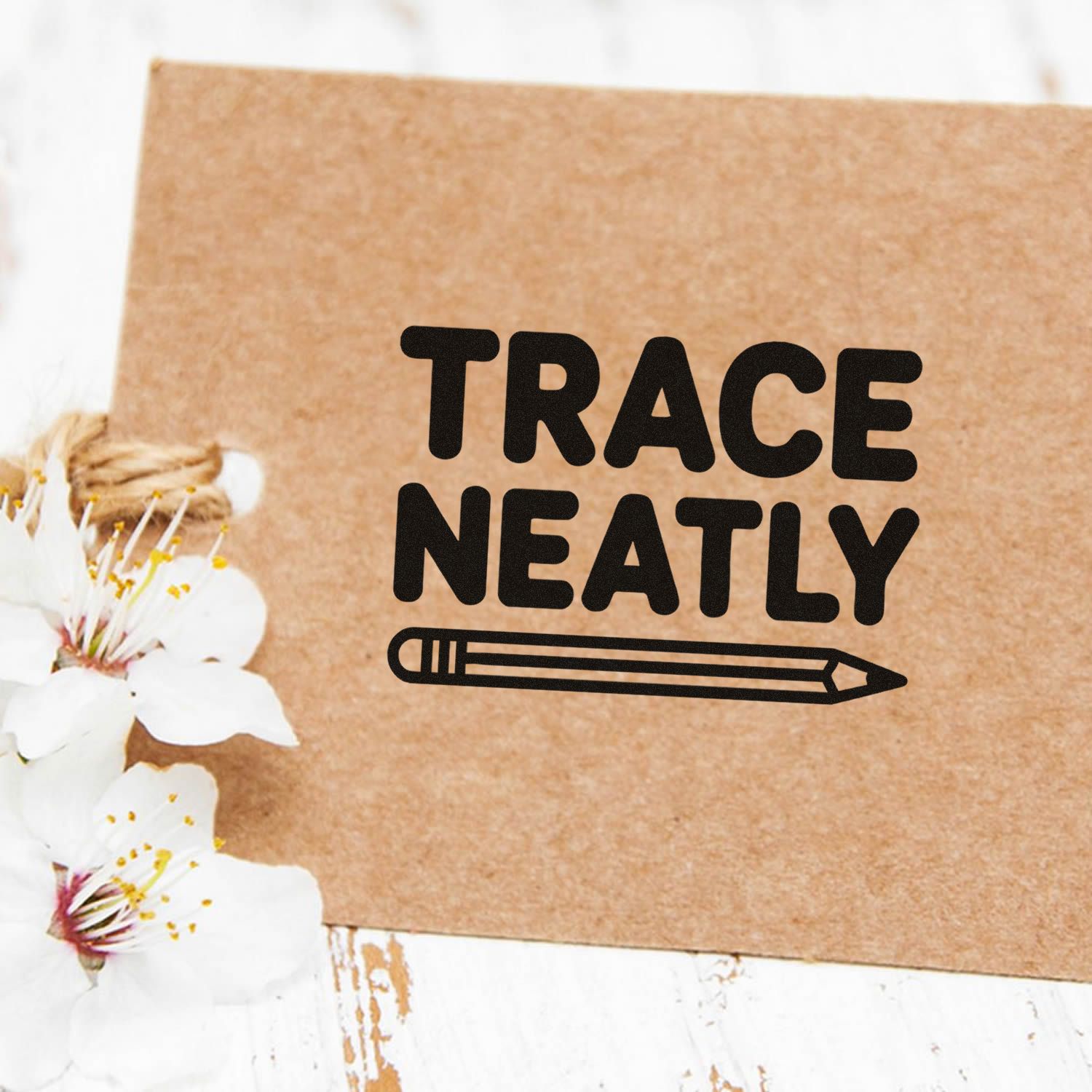 Kraft paper custom stamp and seal with black TRACE NEATLY text, pencil icon, and white blossoms