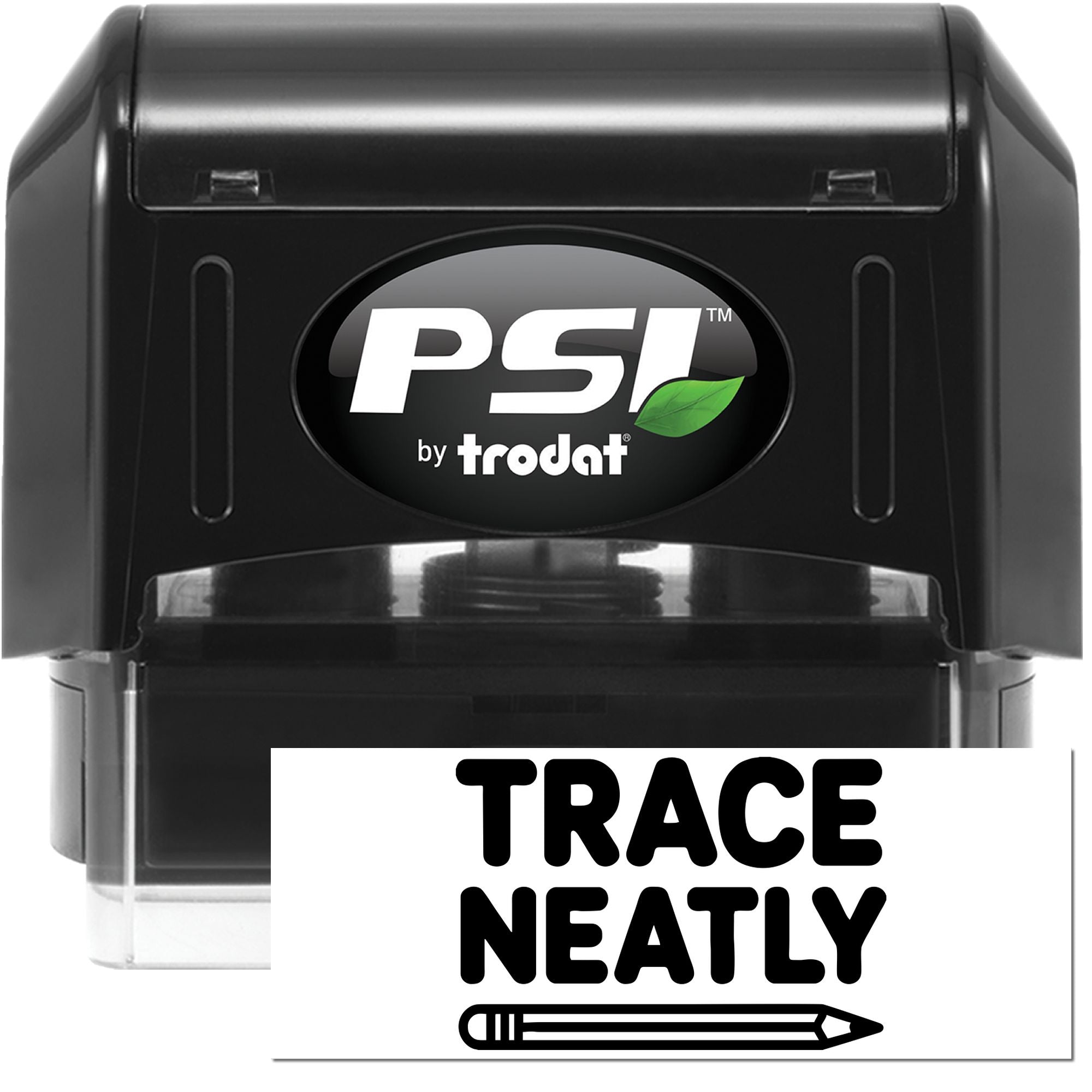 Black PSI by Trodat self-inking stamp and seal with TRACE NEATLY text, pencil icon, and black casing.