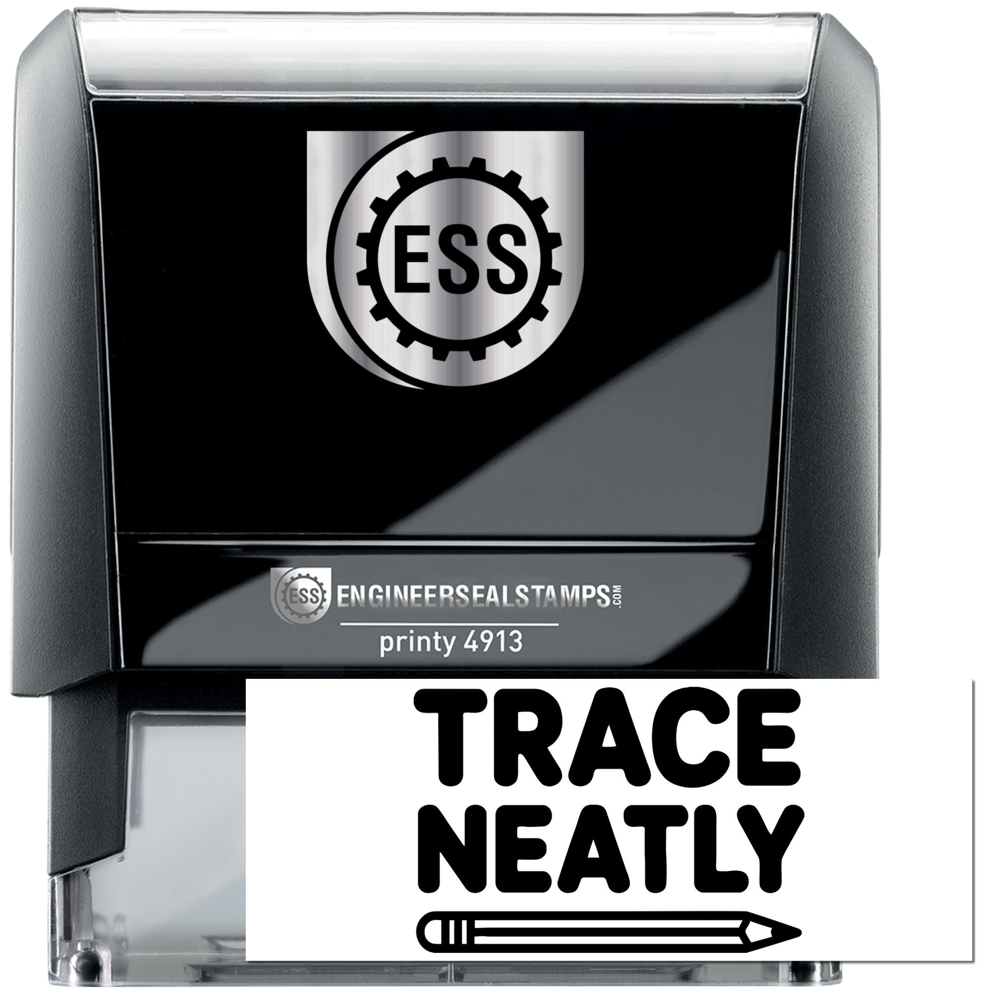 Black and silver self-inking engineer seal stamp with ESS logo and bold TRACE NEATLY text.