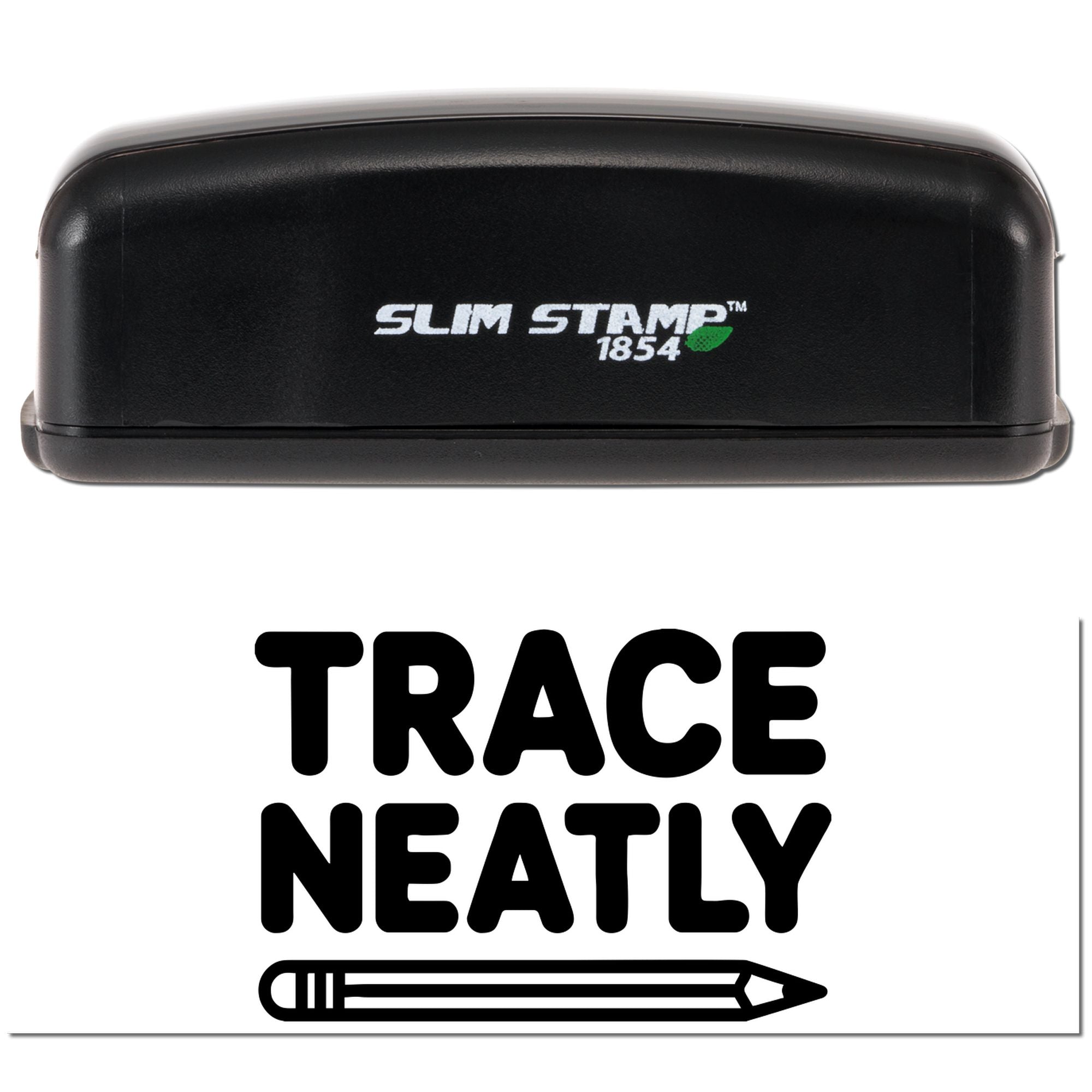 Black Slim Stamp 1854 self-inking stamp and seal with white logo, green leaf icon, and bold black Trace Neatly text on white.