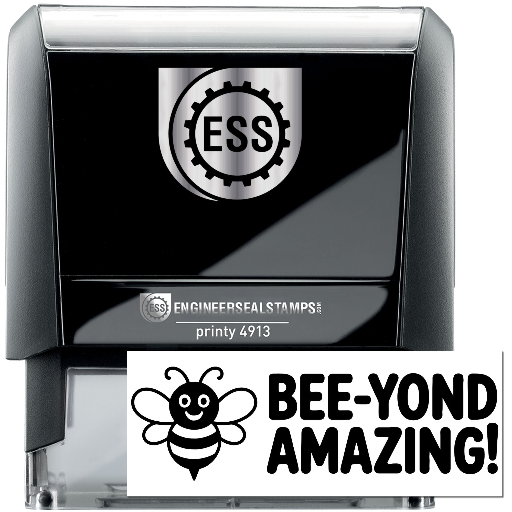 Black and silver self-inking stamp and seal with ESS gear logo and Bee-Yond Amazing bee graphic.