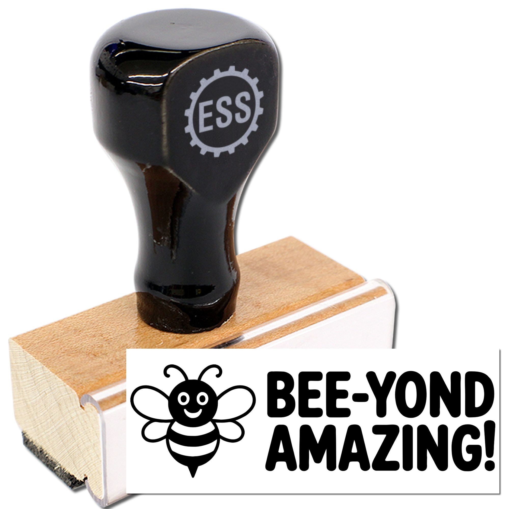 Black custom rubber stamp on wooden base with ESS logo and Bee-Yond Amazing bee seal design