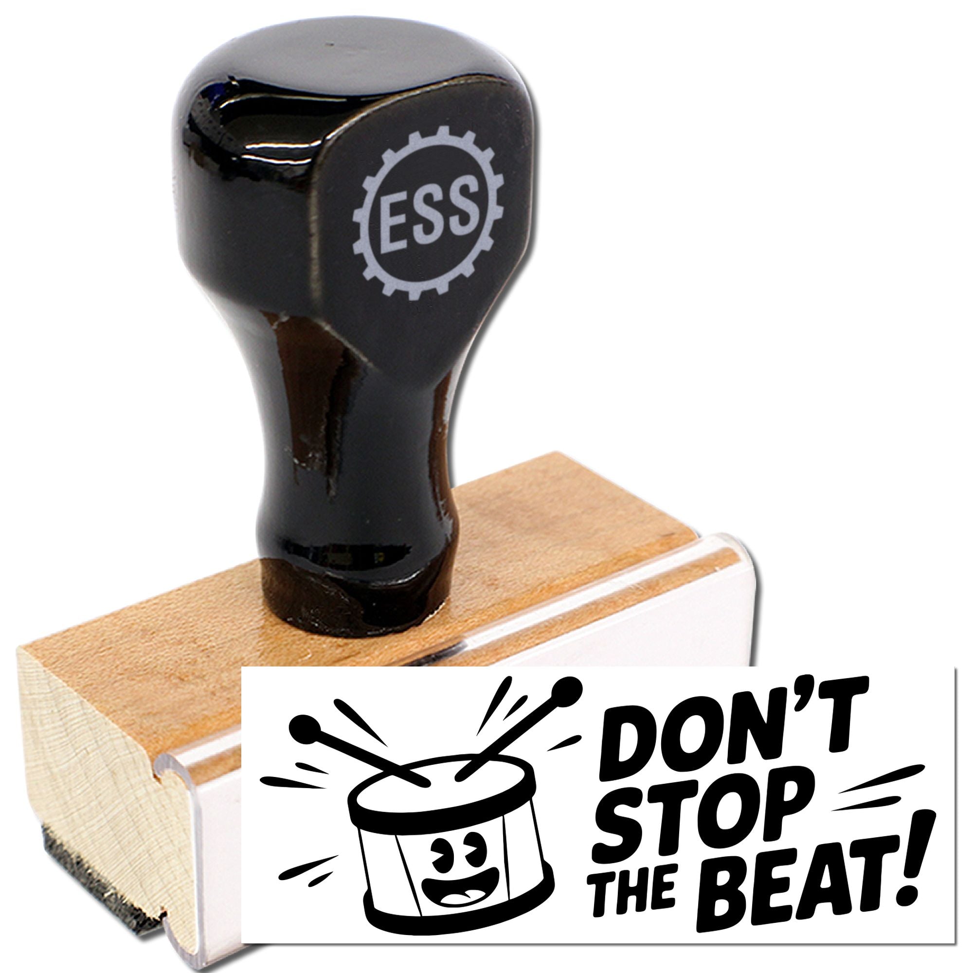 Black rubber stamp and seal with ESS logo on wood base, imprinting DONT STOP THE BEAT! with drum graphic.