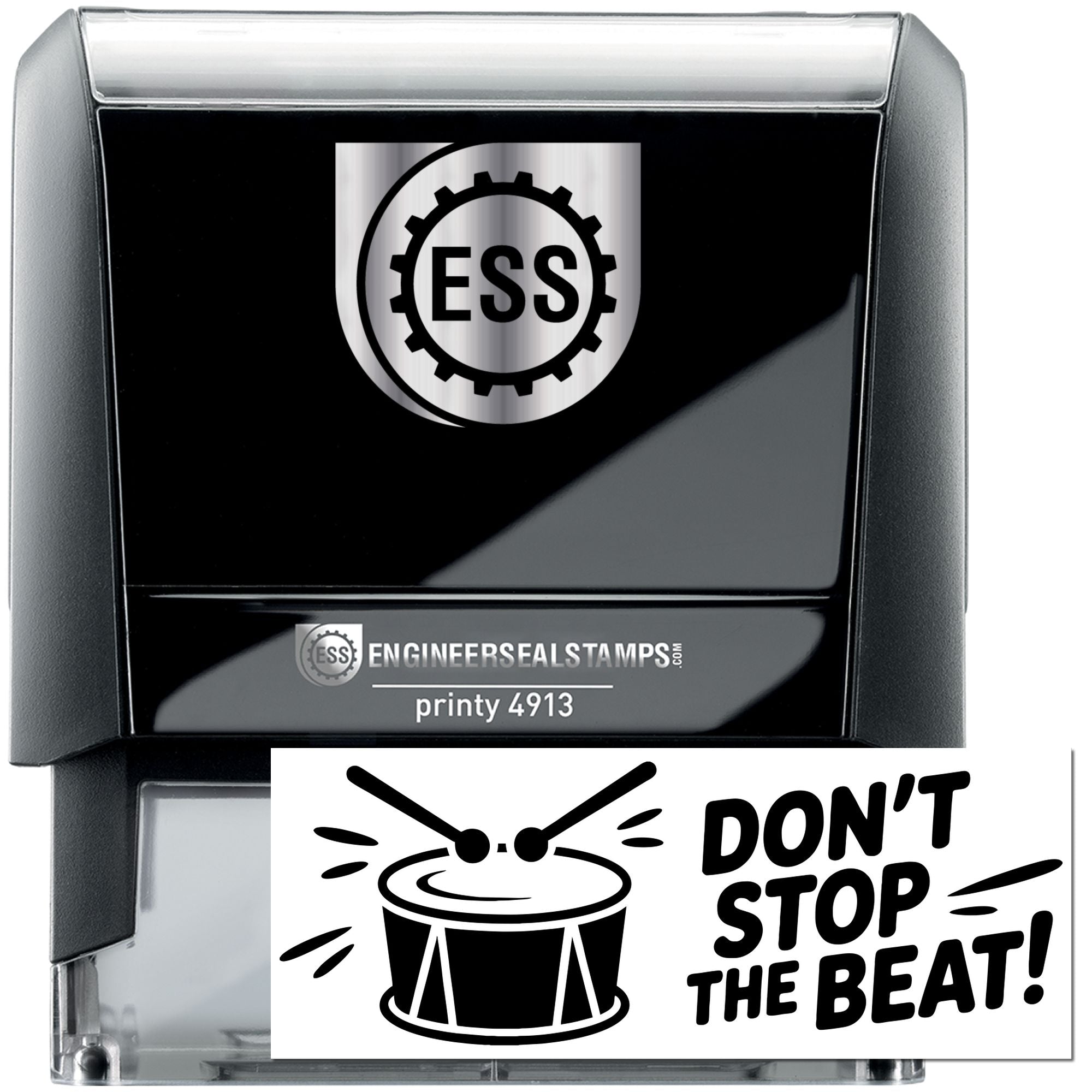 Black self-inking ESS stamp and seal with silver gear logo, Printy 4913, and white drum design saying Dont Stop the Beat!