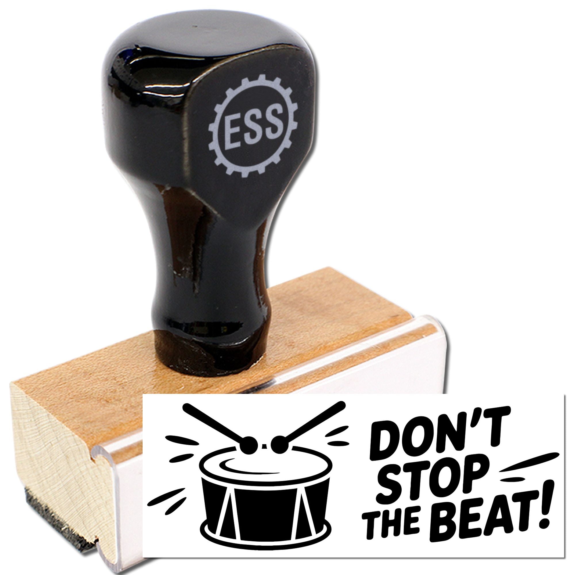 Black rubber stamp and seal with ESS logo, wooden base, and DONT STOP THE BEAT! drum design on white background.