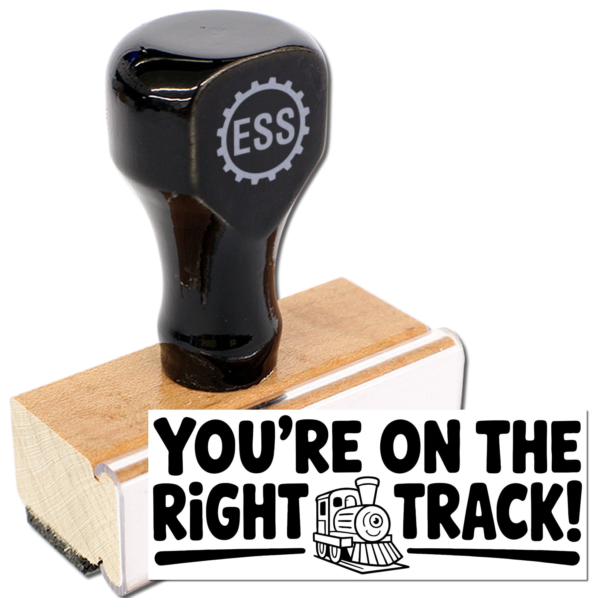 Black rubber stamp and seal with ESS gear logo, wooden base, and Youre on the Right Track! train design.