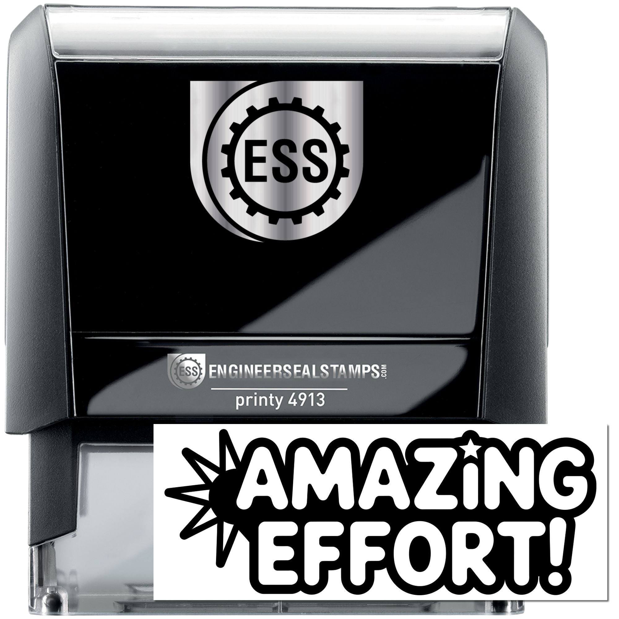 Black and silver ESS engineer seal stamp with self-inking stamp and bold Amazing Effort! design.