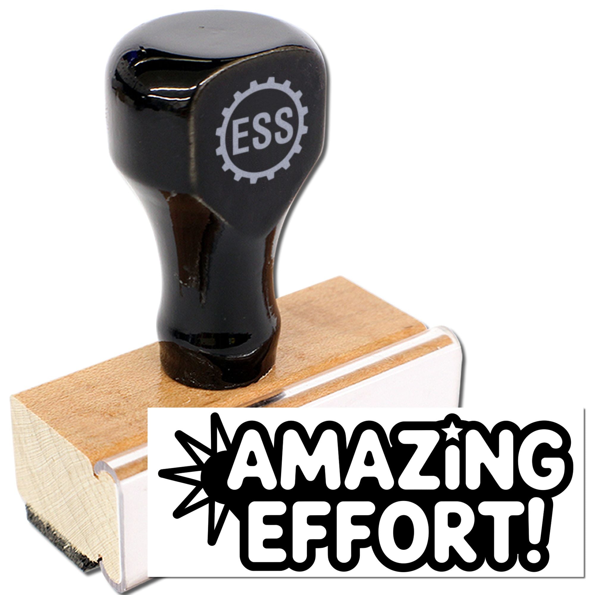 Black rubber stamp and wooden seal block with ESS logo and AMAZING EFFORT! on white background.