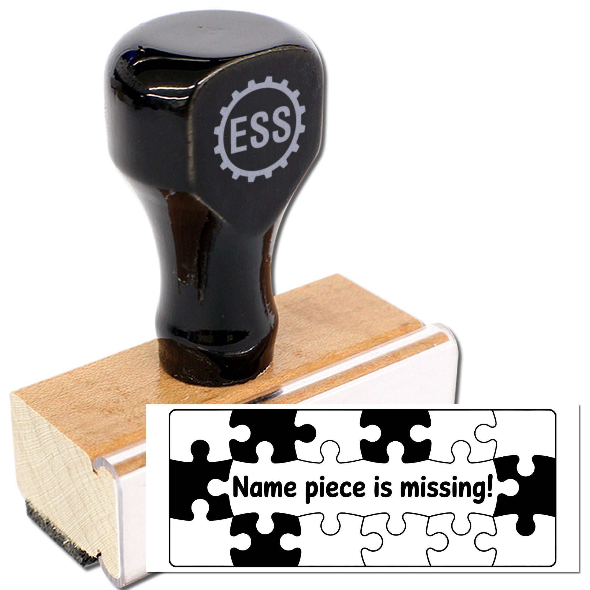 Black ESS stamp and seal with wooden base and puzzle-piece design reading Name piece is missing!