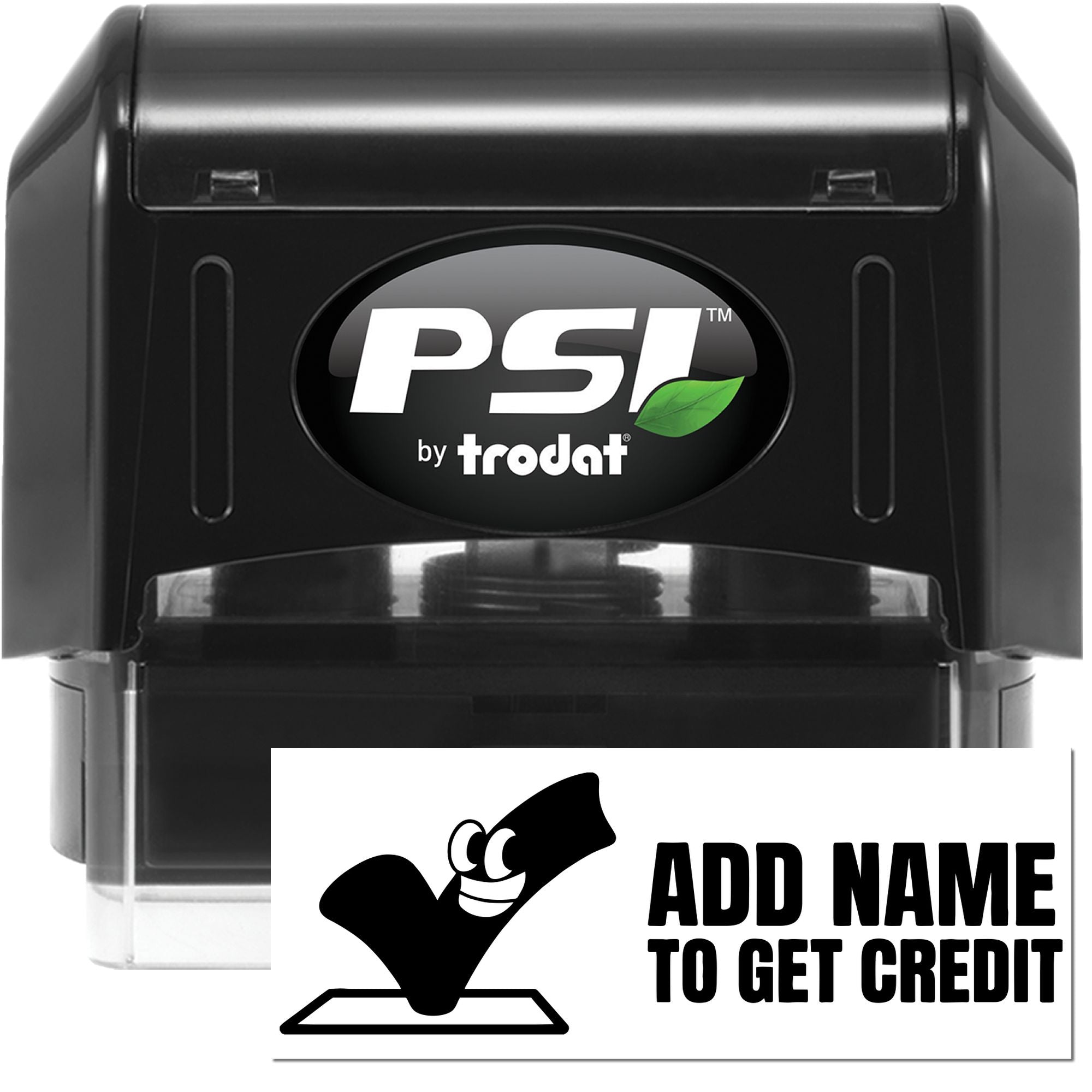 Black PSI by Trodat self-inking stamp and seal with clear base and white Add Name to Get Credit card.