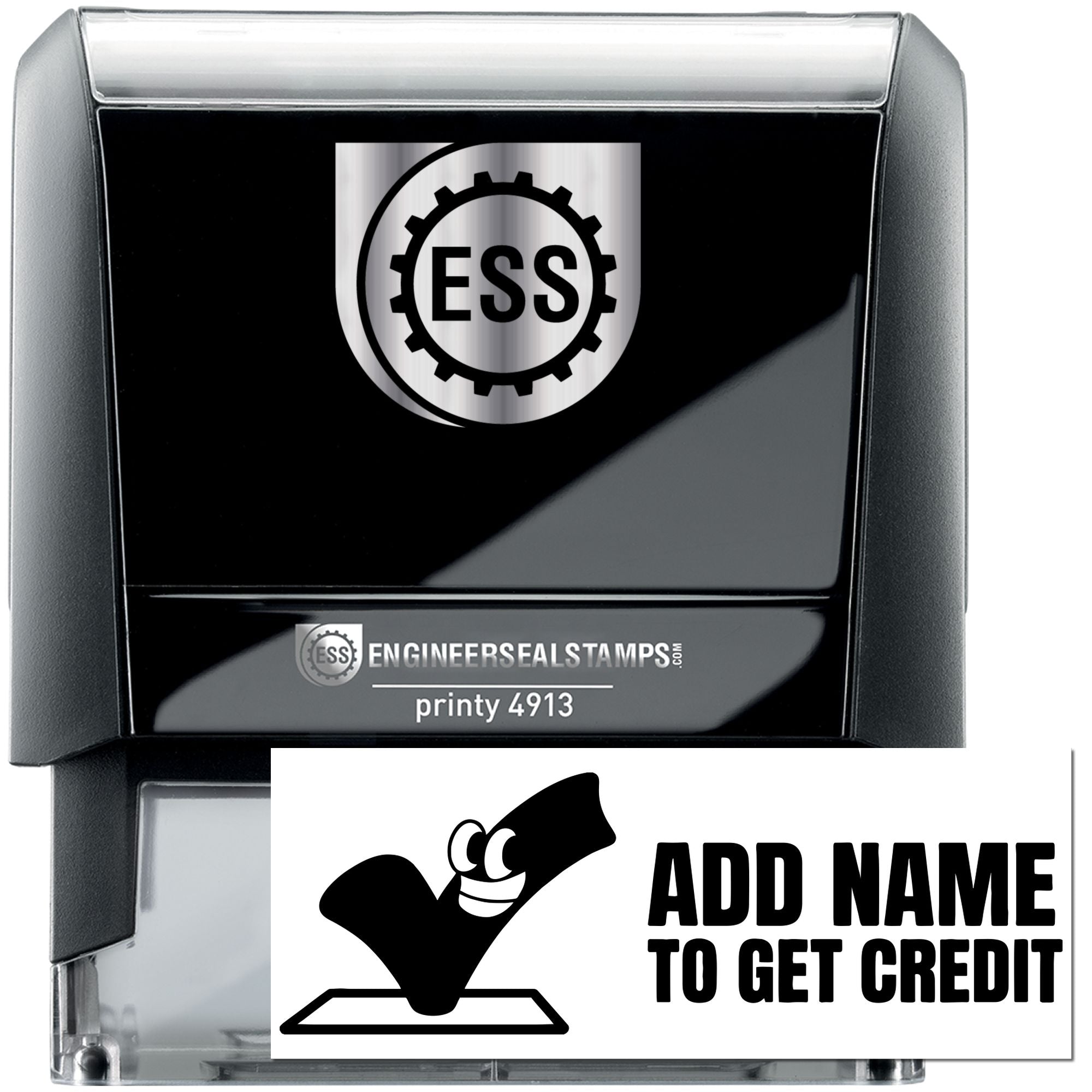 Black and silver self-inking stamp and seal with ESS gear logo, printy 4913, and customizable Add name to get credit insert