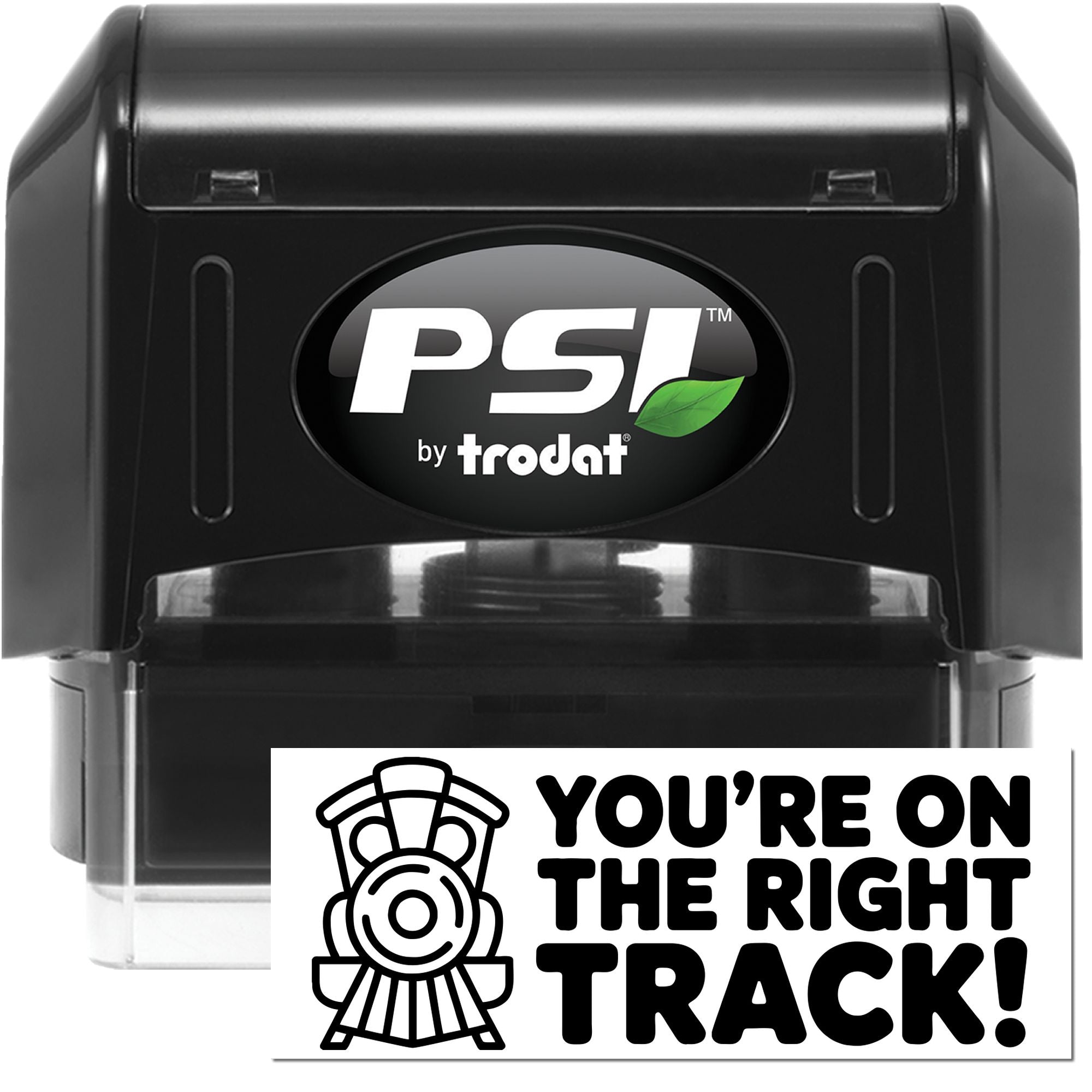 Black PSI by Trodat self-inking stamp and seal in black, with green leaf logo and Youre on the right track! text.