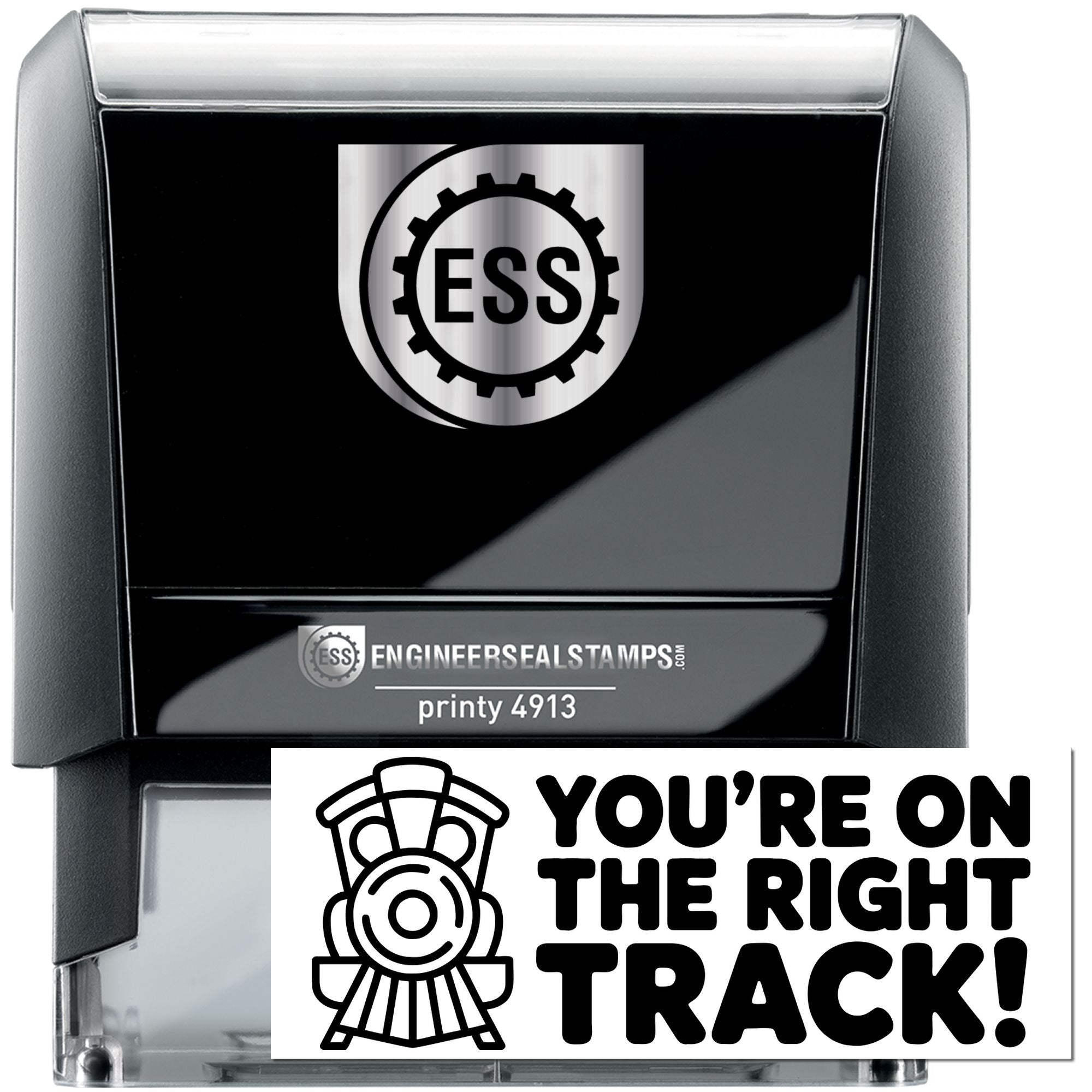 Black and silver self-inking engineer seal stamp with ESS gear logo and Youre on the Right Track! badge