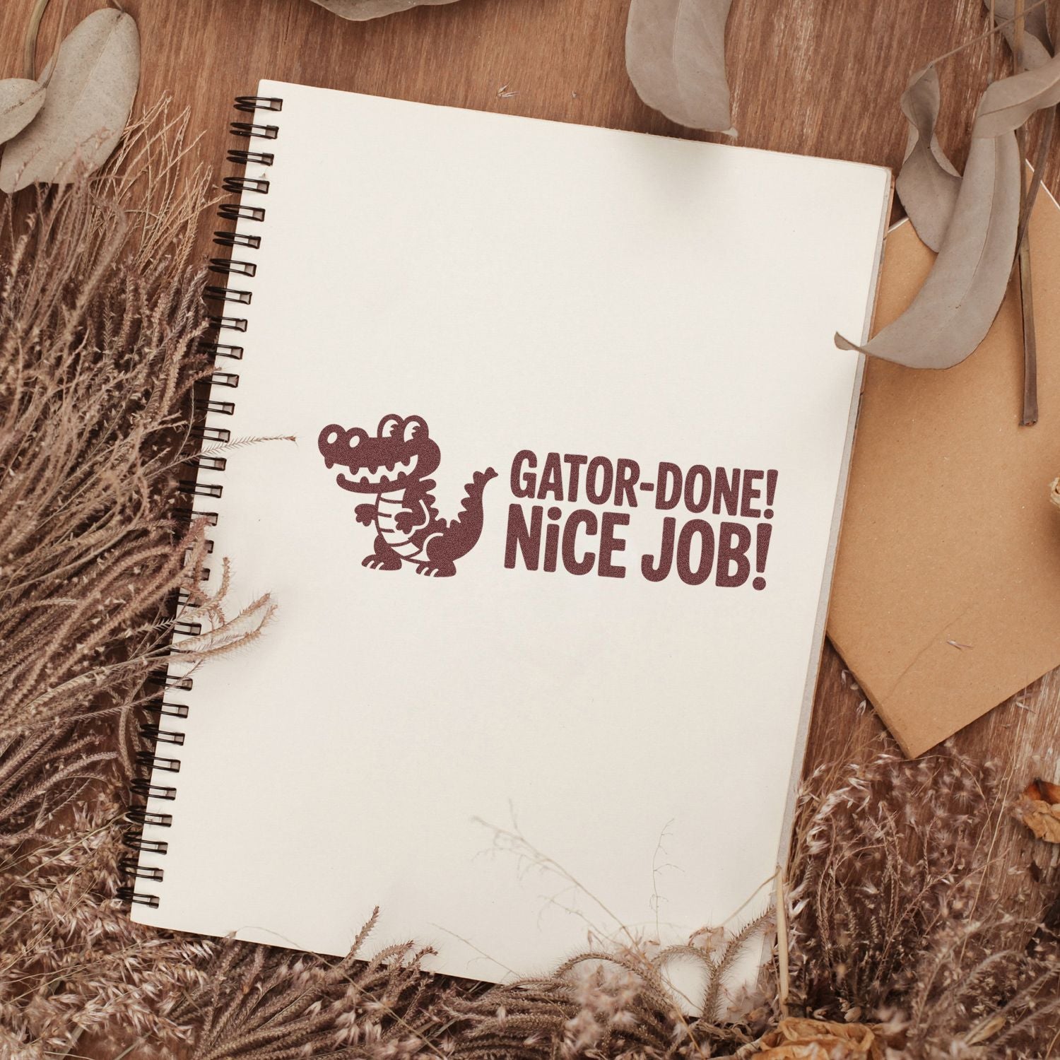 Maroon alligator stamp/seal reading GATOR-DONE! NICE JOB! on cream spiral notebook, surrounded by beige dried foliage.
