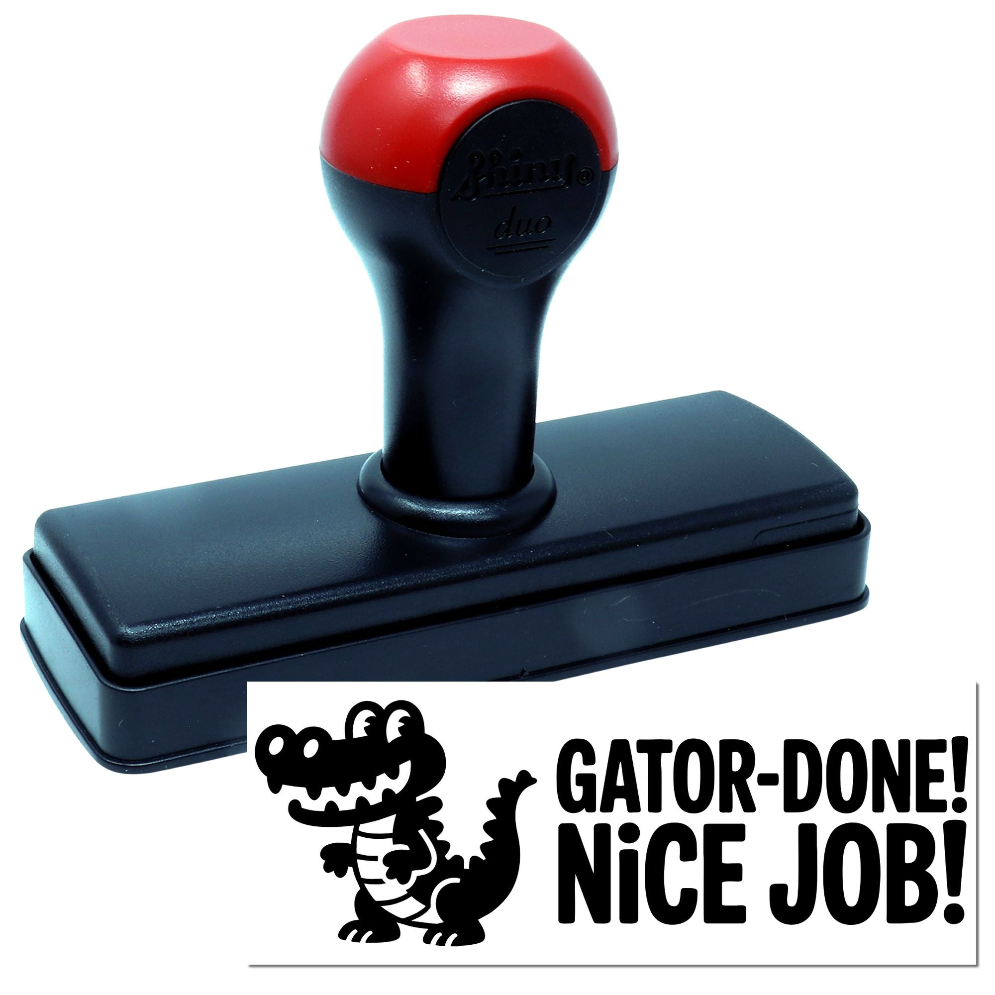 Black and red self-inking stamp and seal with alligator design and GATOR-DONE! NICE JOB! text on white.