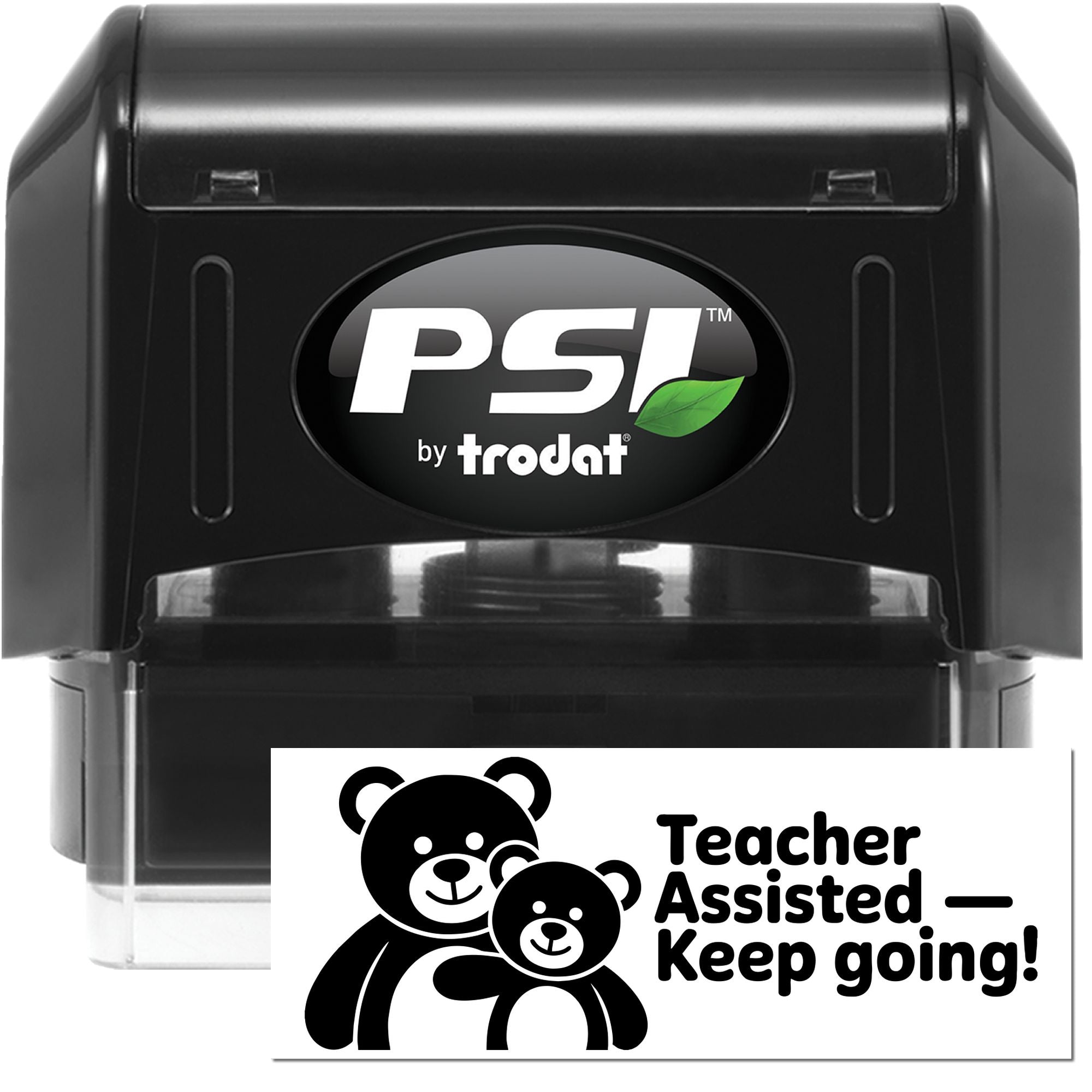 Black PSI by Trodat self-inking stamp with teacher-assisted seal, white rectangular imprint and black bear design.