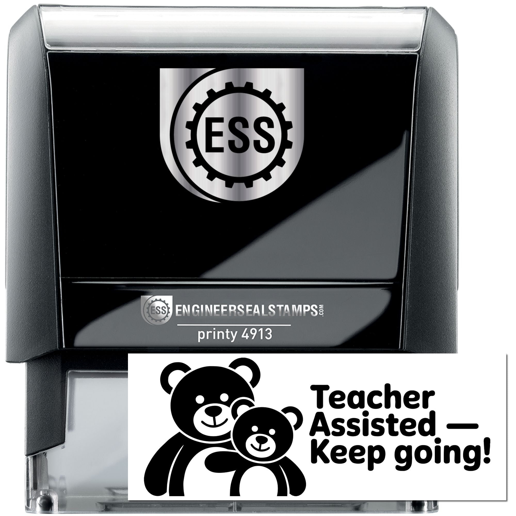 Black self-inking stamp and seal with silver ESS logo and white teacher-assist bear design reading Keep going!