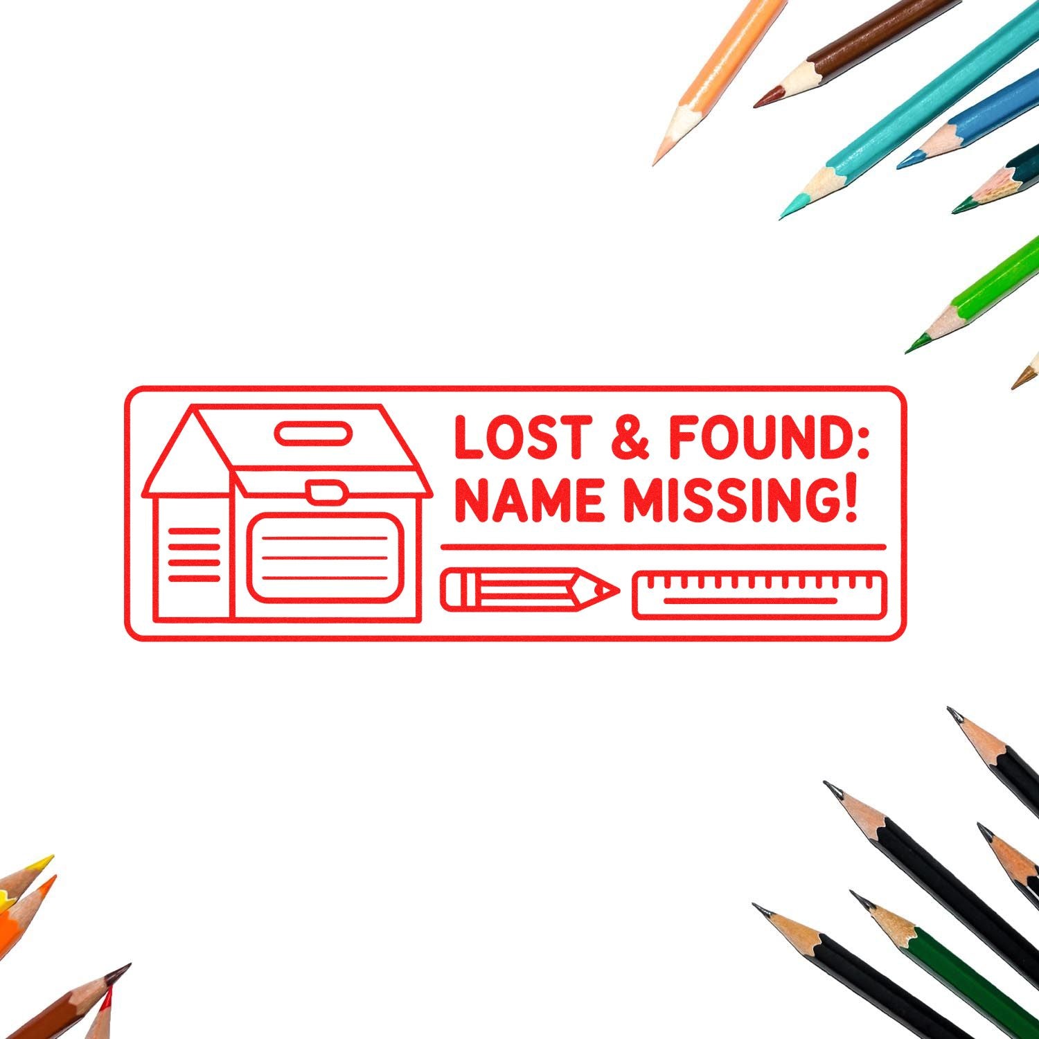 Red lost-and-found stamp seal with house icon and Name Missing! text, framed by colored pencils on white background
