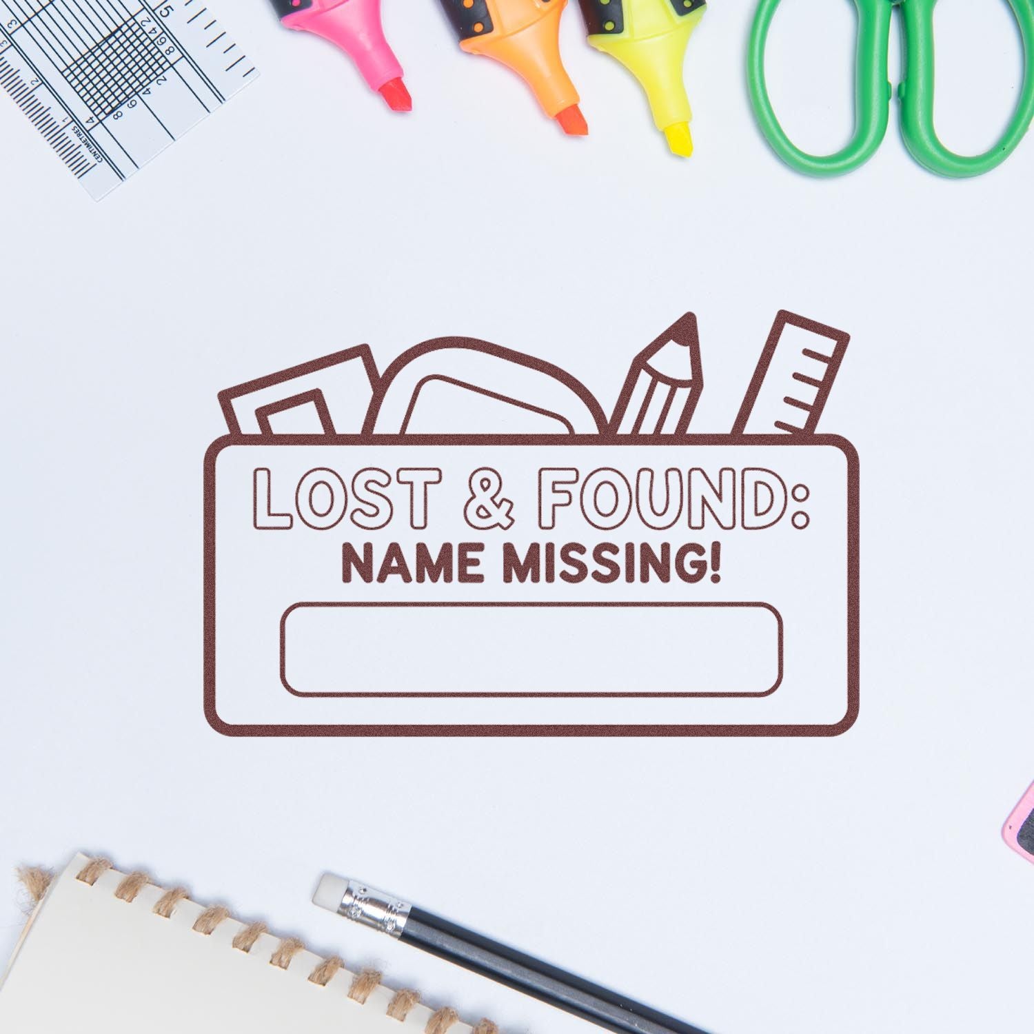 Brown lost-and-found name stamp and seal design with colorful pencils, ruler, scissors, and notebook on white background.