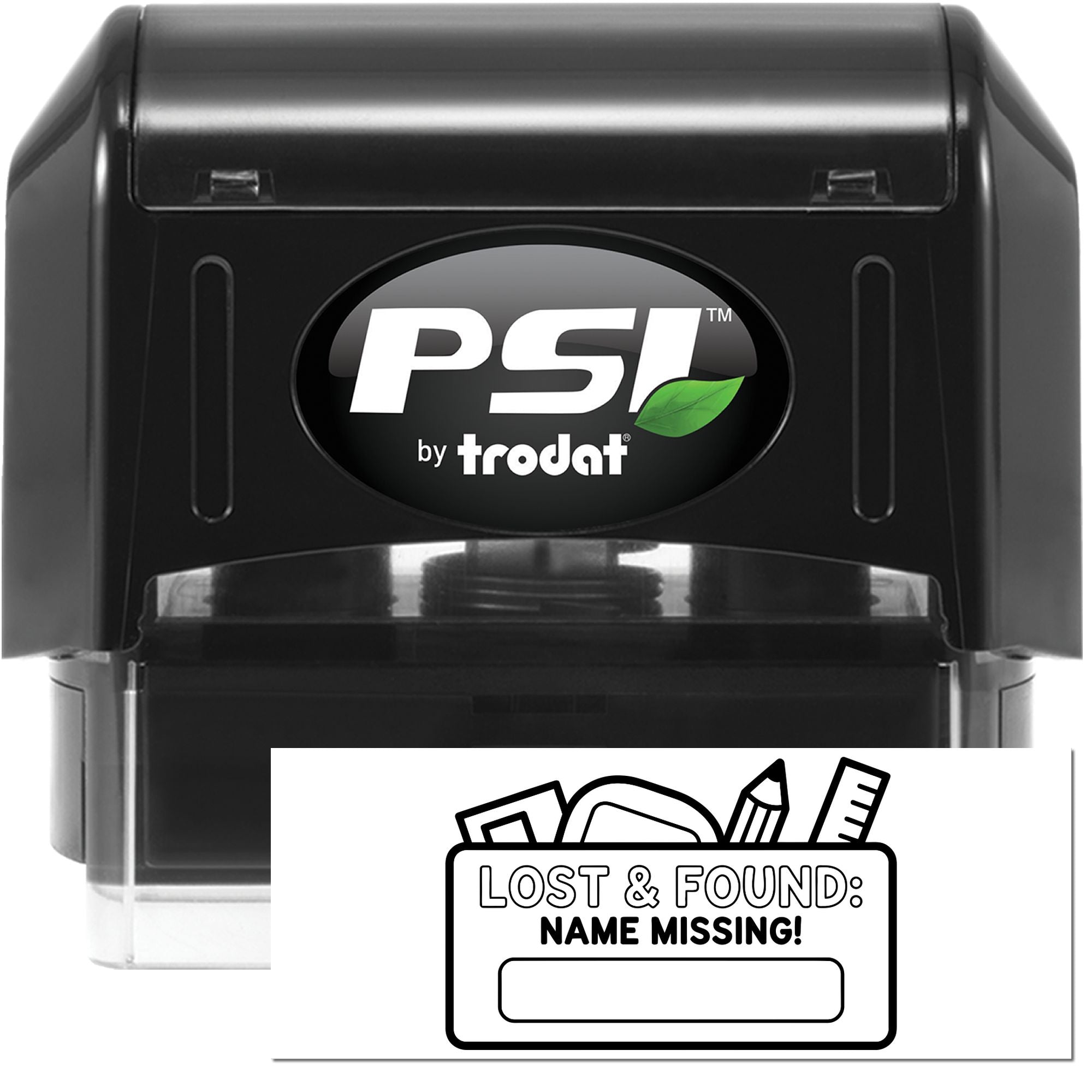 Black PSI by Trodat self-inking stamp with green leaf logo and clear base, plus Lost & Found name label seal