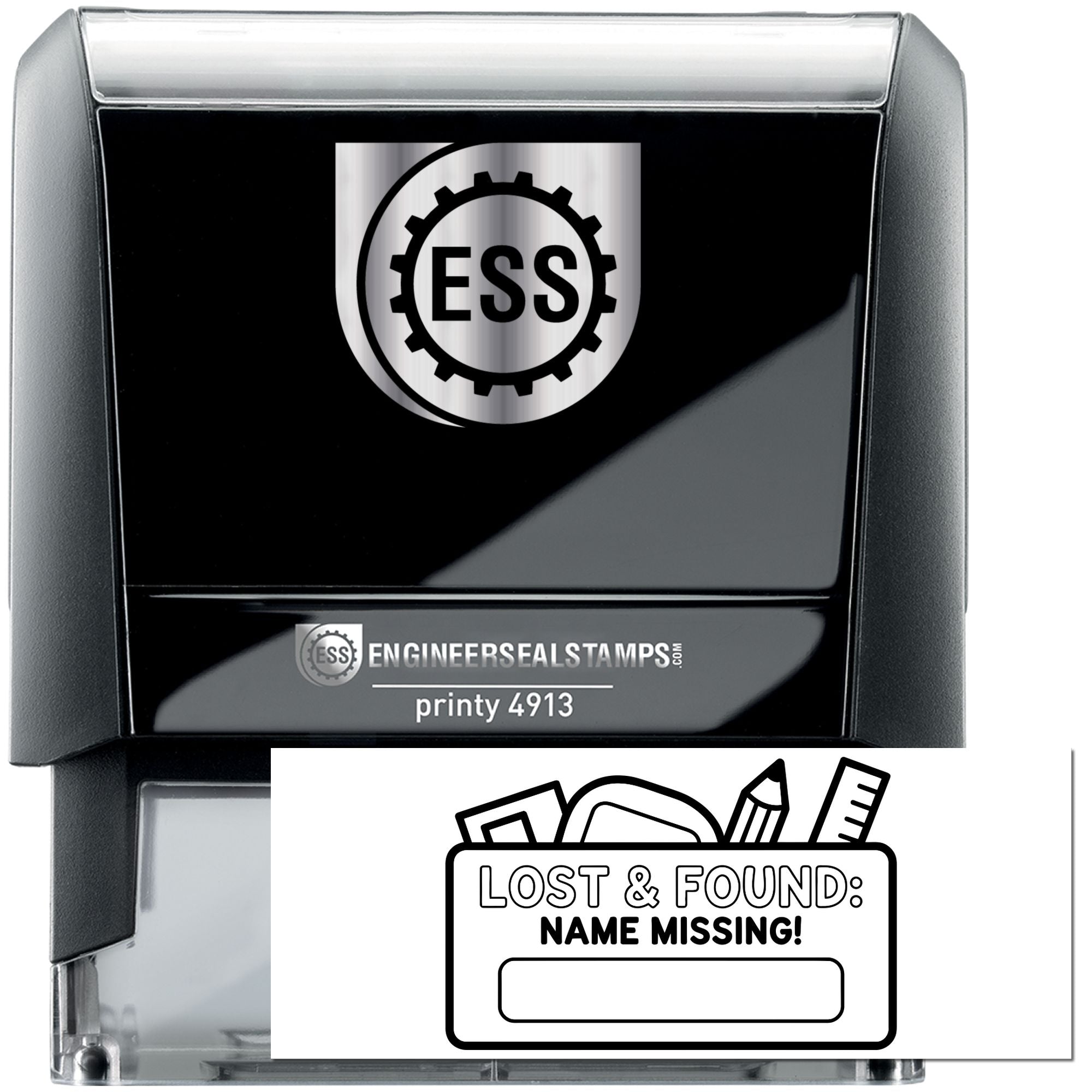 Black and silver ESS self-inking stamp and seal set with Lost & Found: Name Missing! insert