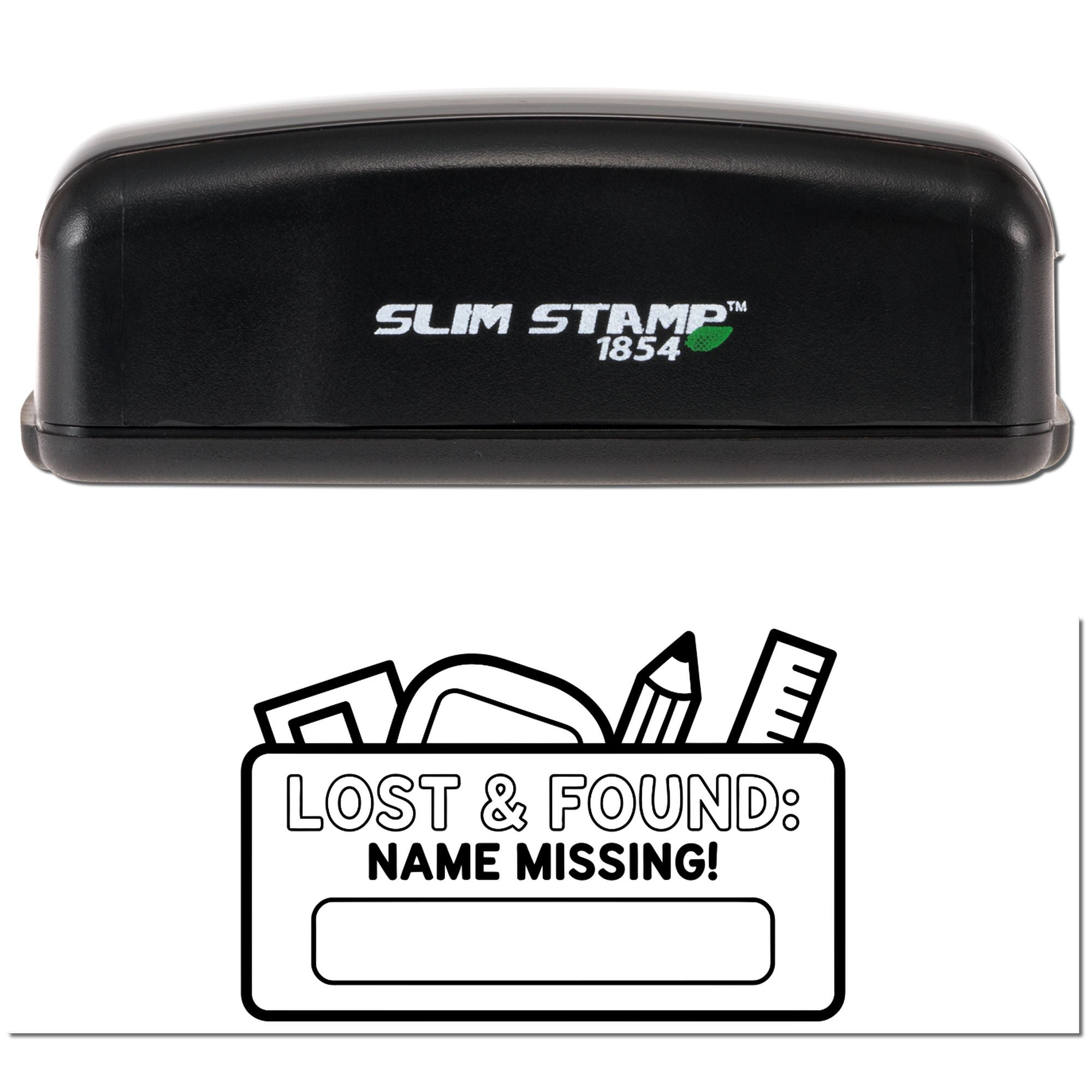 Black Slim Stamp 1854 stamp and Lost & Found name-missing seal with white text and school supplies icon.