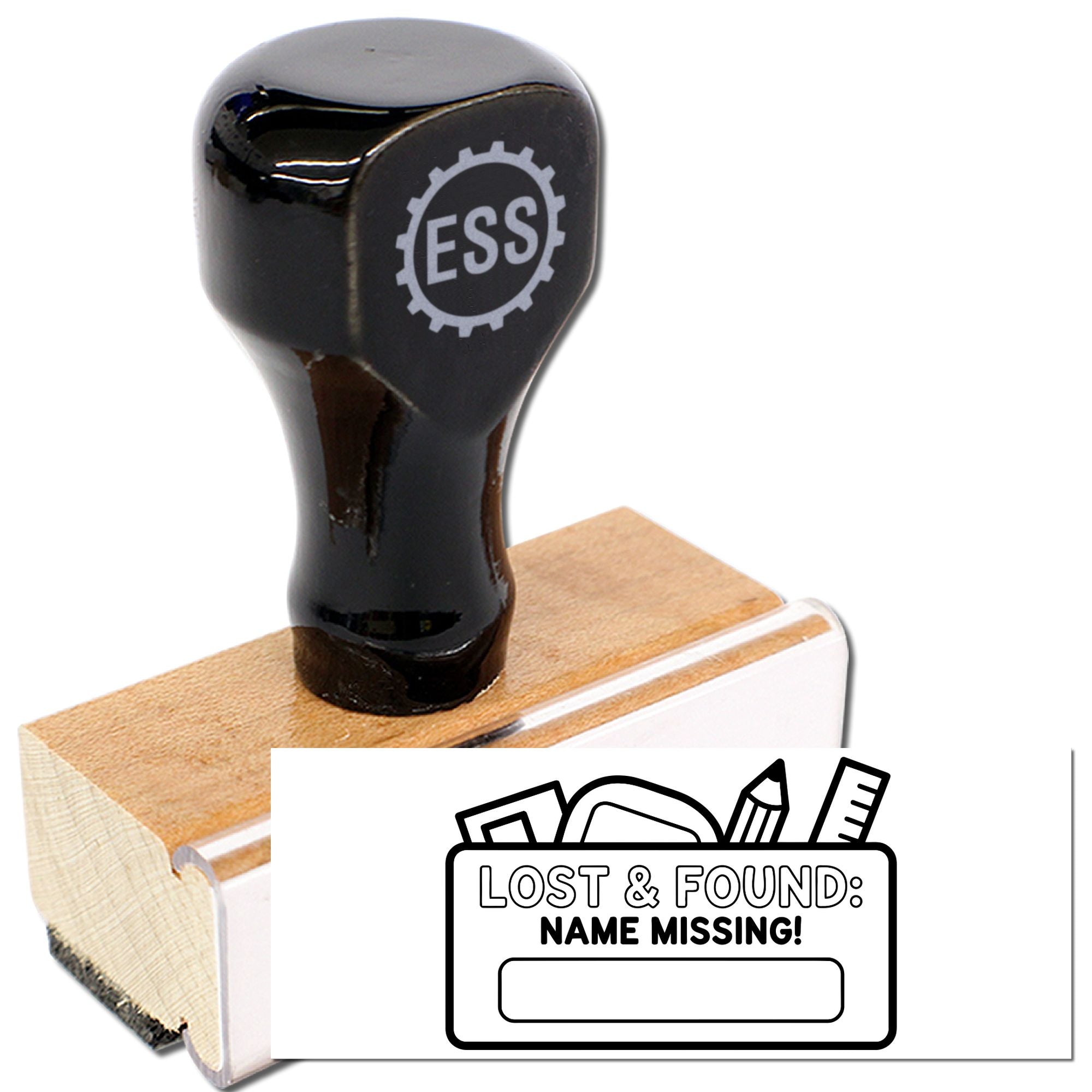 Black ESS rubber stamp on wooden base with Lost & Found name missing seal